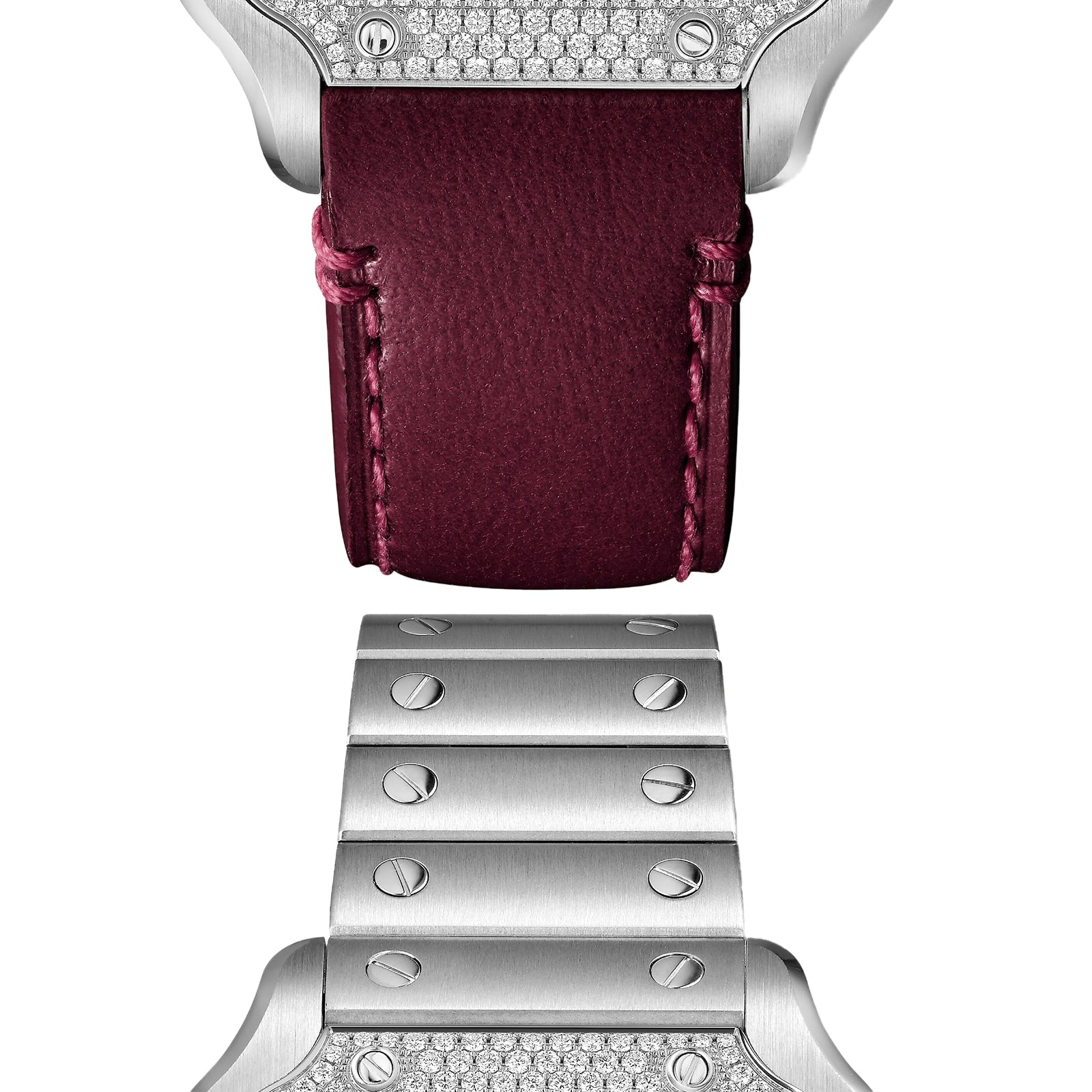Close-up of the Santos de Cartier by Cartier, showcasing a burgundy leather strap, diamond-set case, and an interchangeable system for switching between the leather strap and stainless steel bracelet with visible screws.