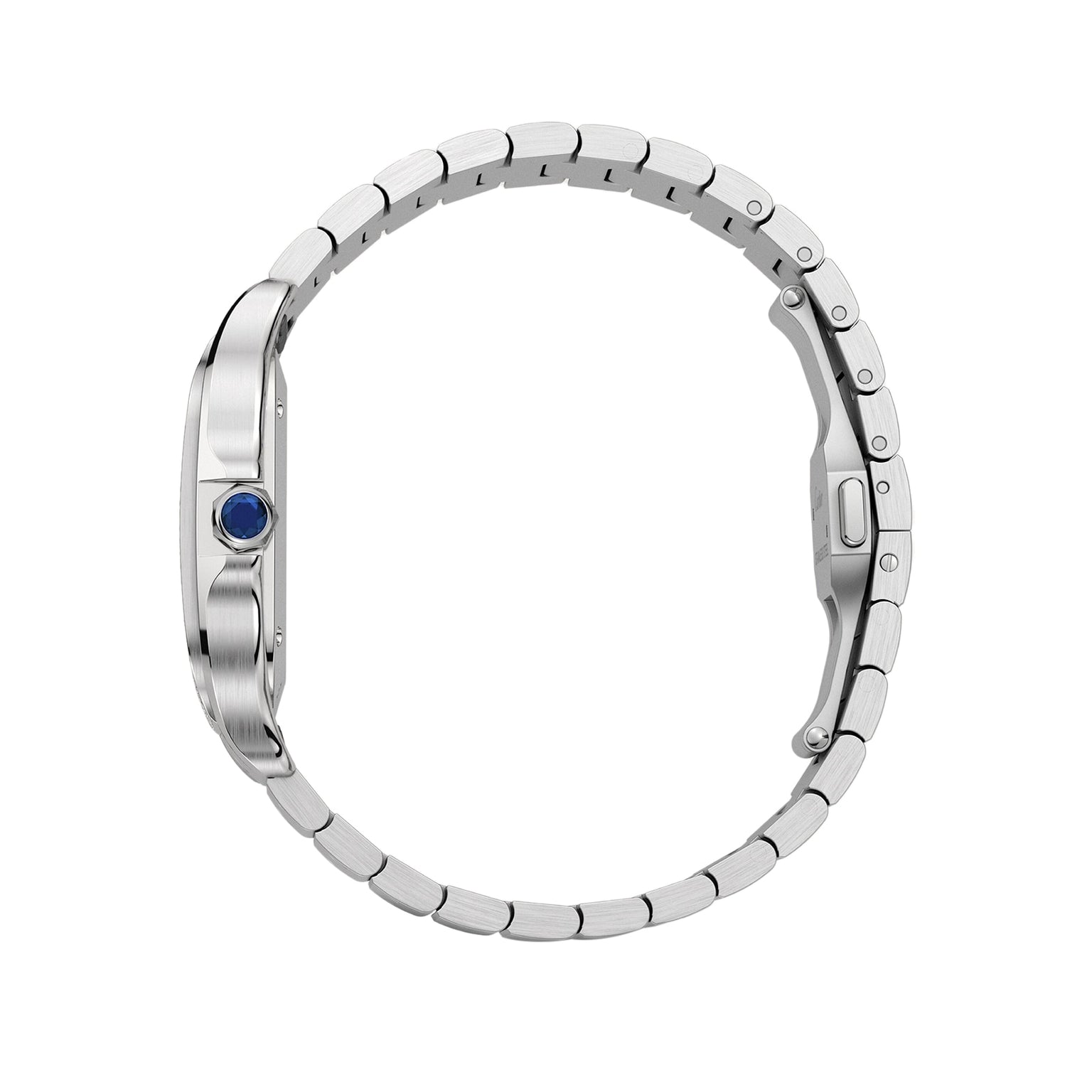 Side view of the Cartier Santos de Cartier watch in silver metal with an automatic movement, round blue crown, and linked band, shown against a white background.