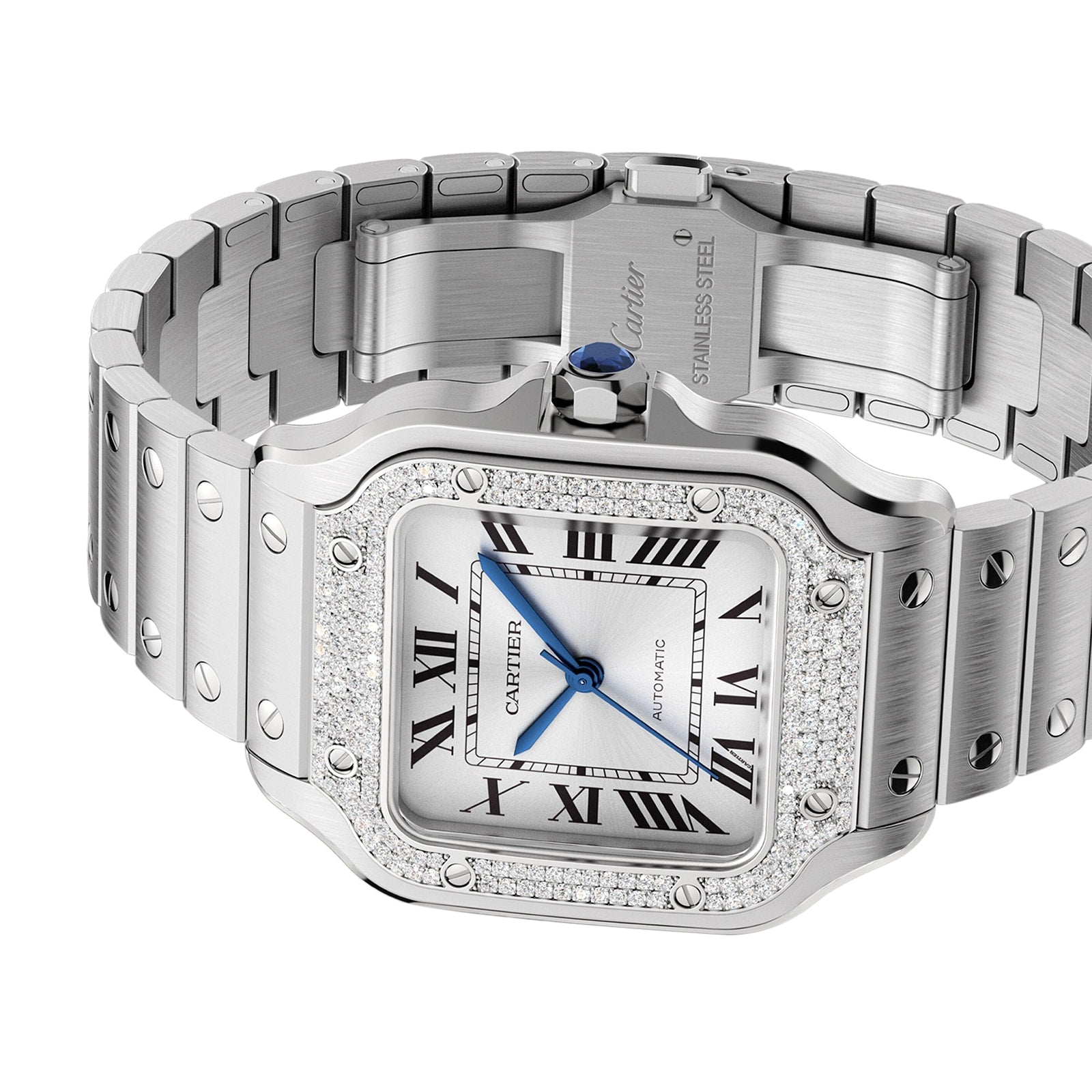 The Cartier Santos de Cartier features a silver square face, Roman numerals, blue hands, diamond bezel, stainless steel bracelet, and automatic movement.