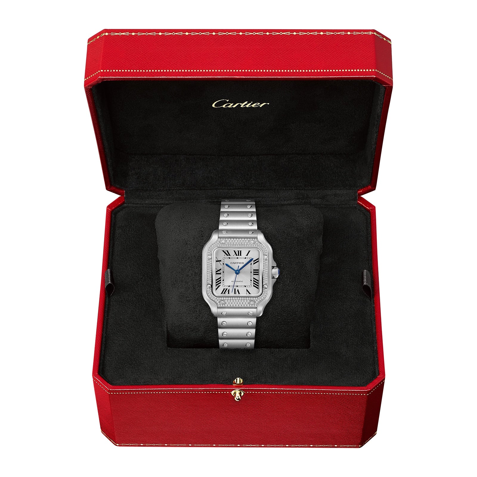 A Santos de Cartier watch by Cartier, featuring a silver rectangular face and automatic movement, presented in a red box lined with black velvet.