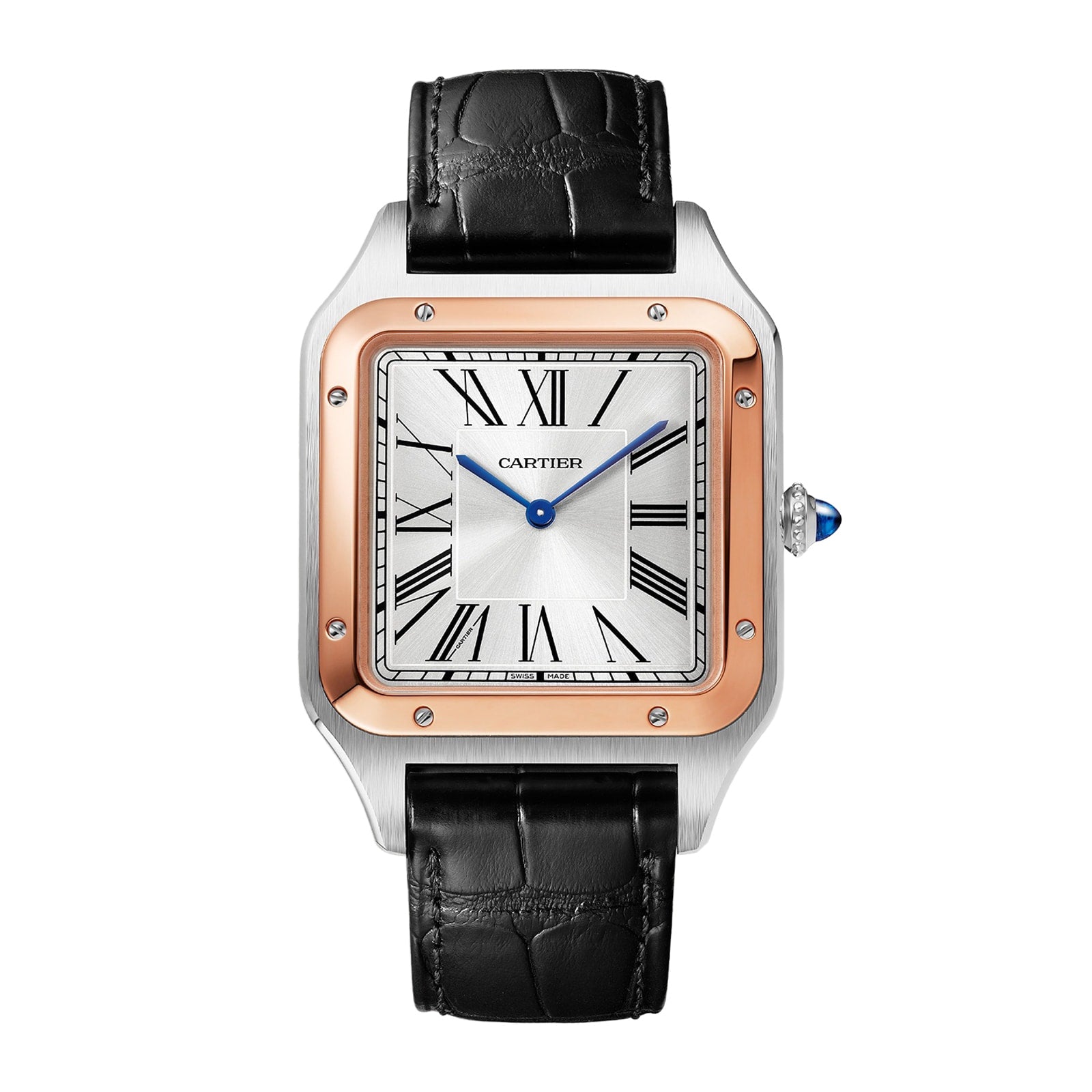 The Cartier Santos-Dumont is a square watch featuring a silver and gold dial, Roman numerals, blue hands, and a black leather strap—an iconic piece among classic wristwatches.