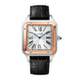 The Cartier Santos-Dumont is a square watch featuring a silver and gold dial, Roman numerals, blue hands, and a black leather strap—an iconic piece among classic wristwatches.