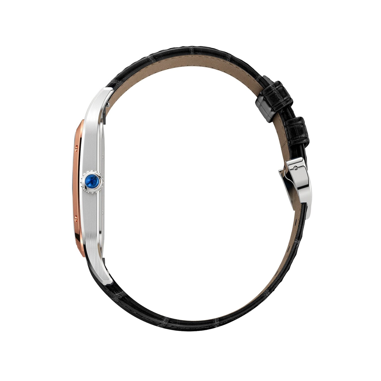 Side view of the Cartier Santos-Dumont watch, showcasing a black leather strap, silver and rose gold case, and blue crown on a white background.
