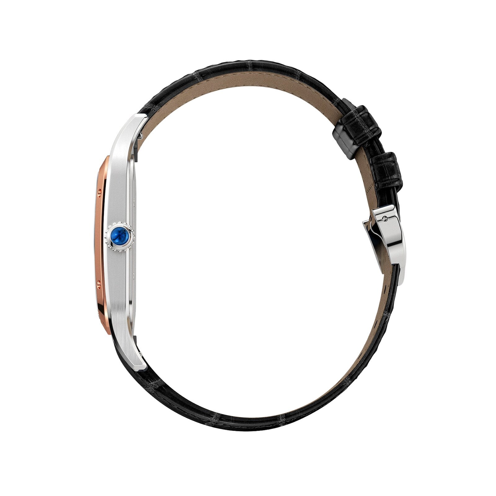 Side view of the Cartier Santos-Dumont watch, showcasing a black leather strap, silver and rose gold case, and blue crown on a white background.