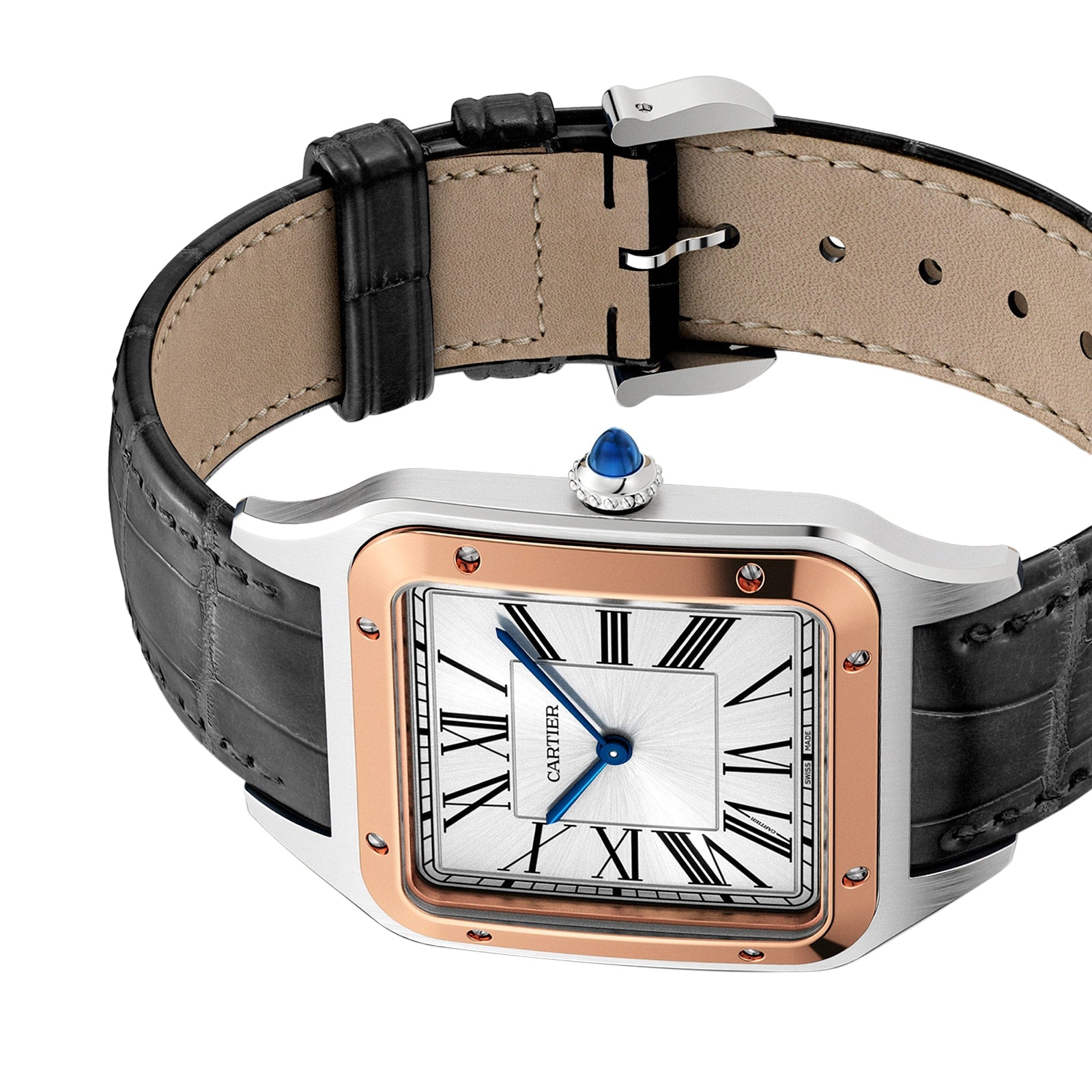 The Cartier Santos-Dumont watch boasts a square face, Roman numerals, blue hands, black leather strap, metal case with rose gold bezel, and a blue crown—an elegant timepiece from Cartier’s Santos-Dumont collection.