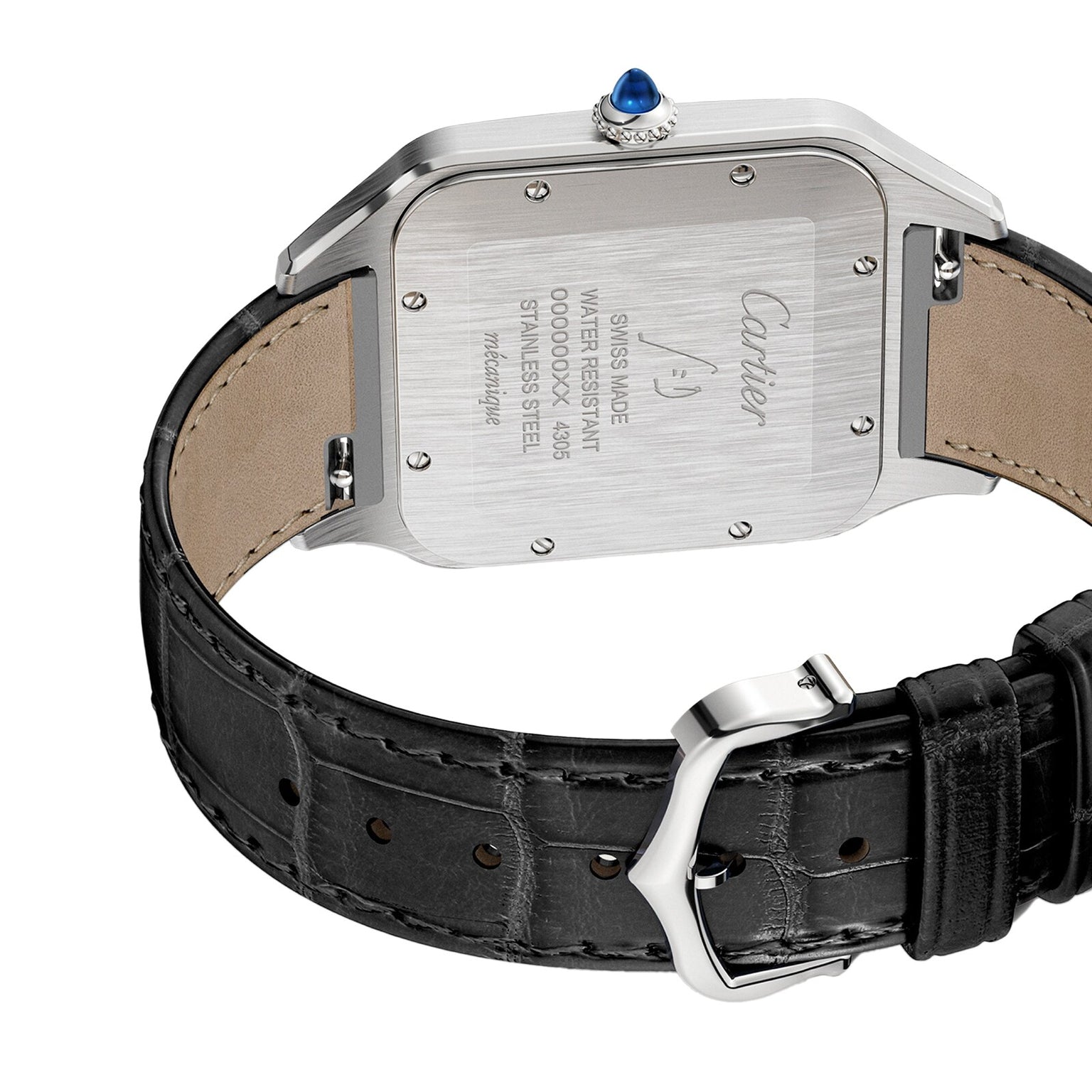 Back view of the Cartier Santos-Dumont, showcasing its black leather strap, stainless steel case with engraved markings, and a blue gemstone set on the crown—an iconic piece from Cartier.