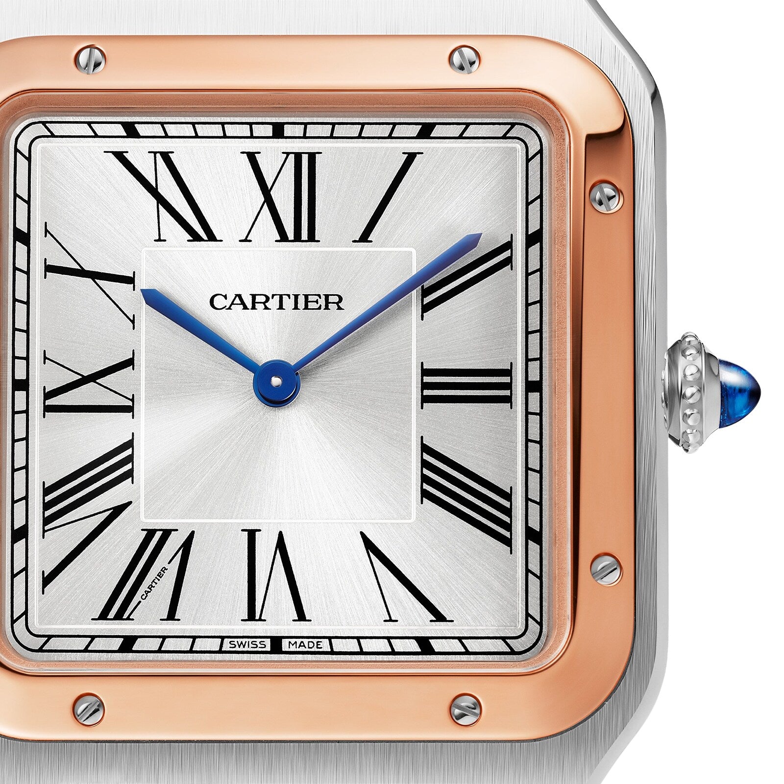Close-up of the Cartier Santos-Dumont watch face, featuring Roman numerals, blue hands, a rose gold bezel, and a crown adorned with a blue cabochon—an iconic blend of elegance and precision.