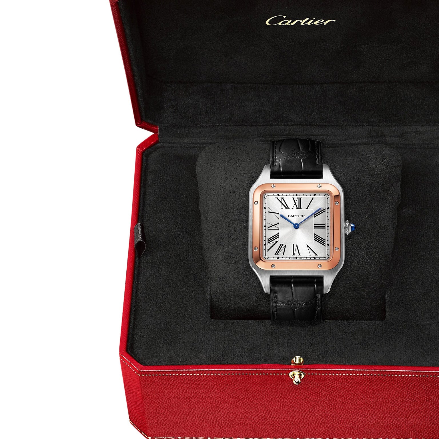 A Cartier Santos-Dumont watch with a square face and black leather strap is shown in an open red Cartier box lined with black fabric.