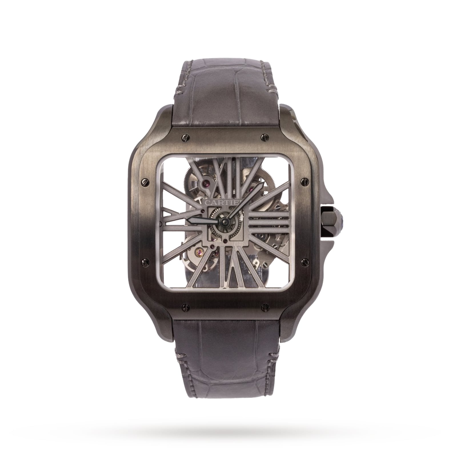 The Cartier Santos de Cartier Skeleton is a square watch with a visible mechanical movement, a gunmetal case, and a dark leather strap featuring the QuickSwitch interchangeability system.