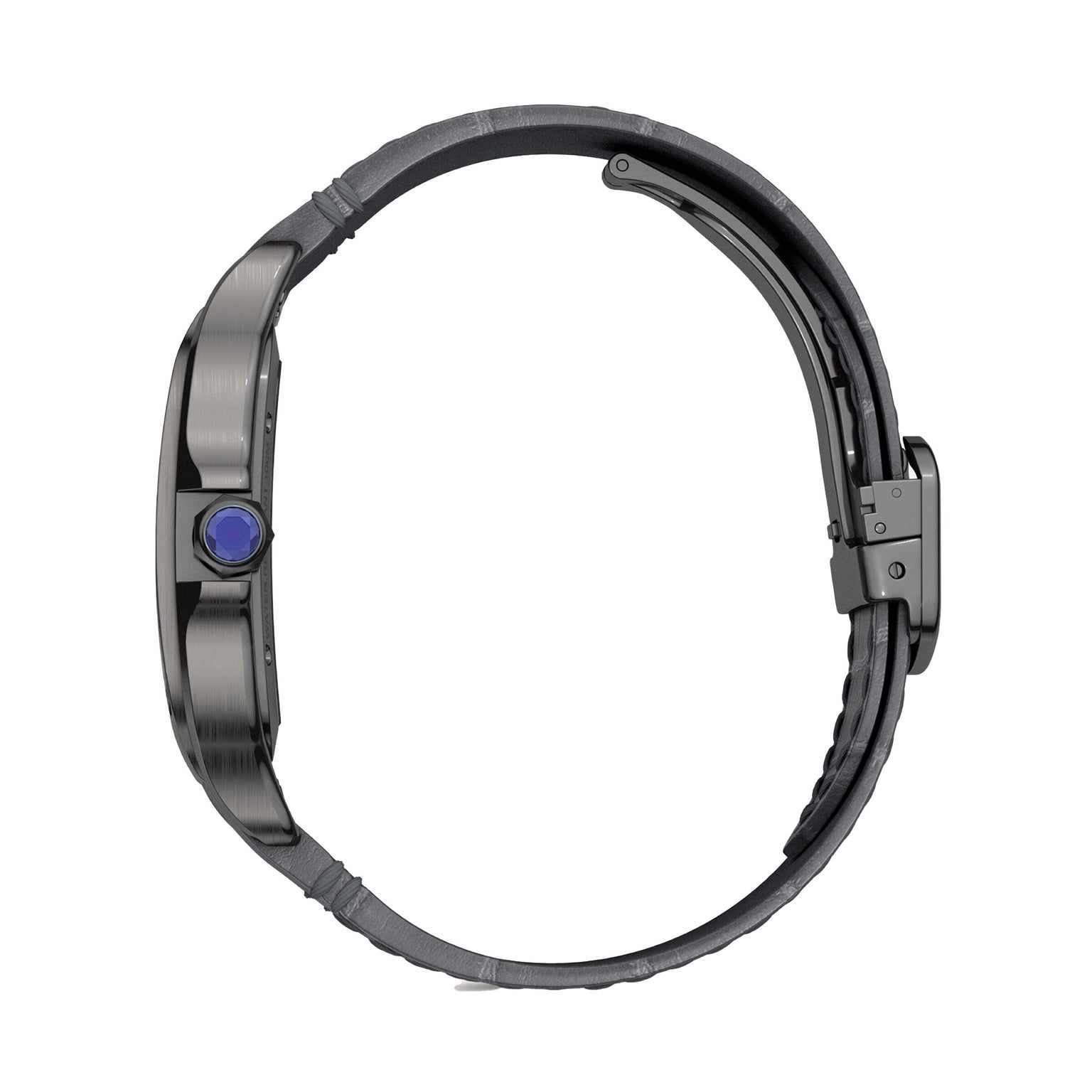 Side view of the Santos de Cartier Skeleton by Cartier—a black wristwatch with a rounded crown featuring a blue accent, manufacture mechanical movement, and a metal clasp.