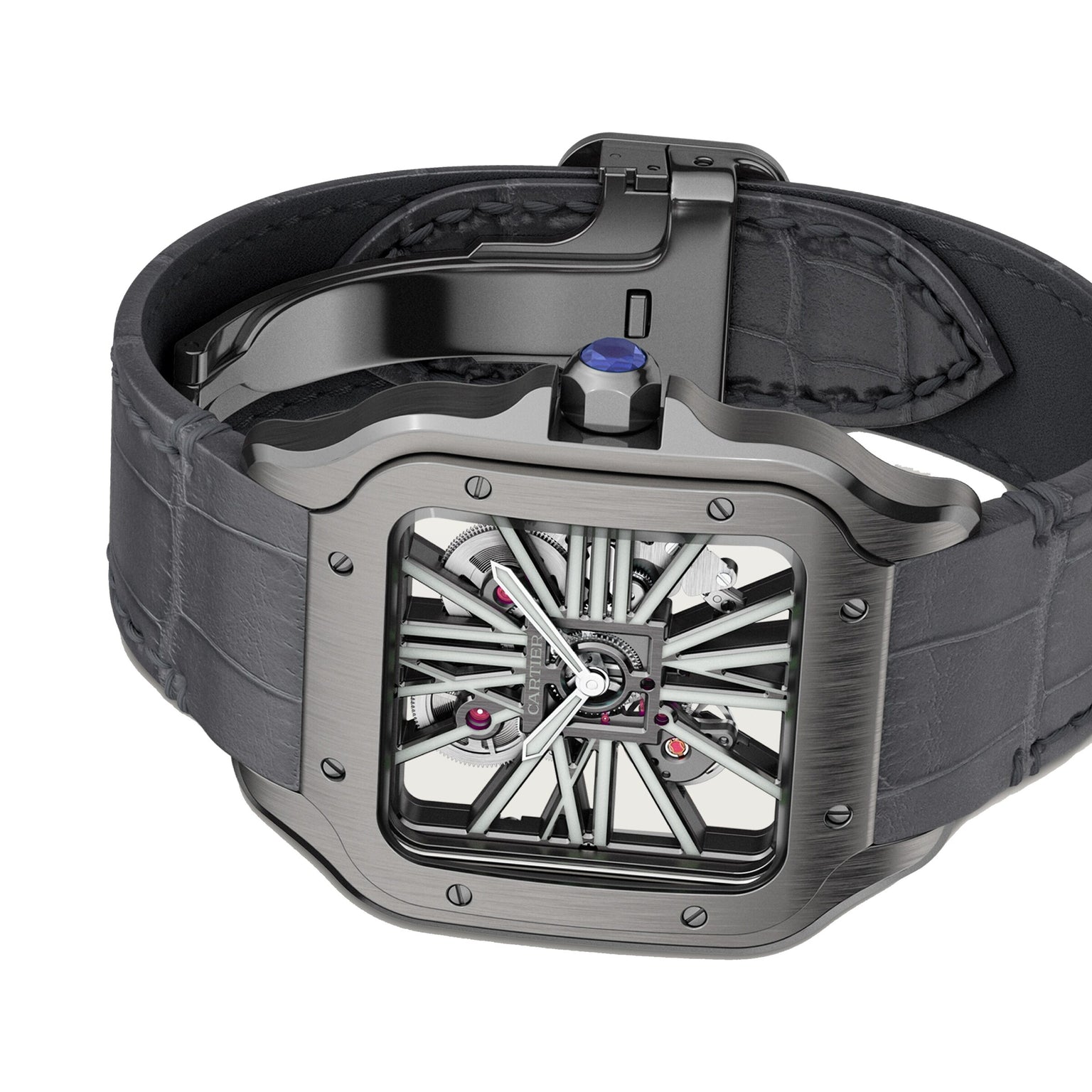 A Santos de Cartier Skeleton watch by Cartier, featuring a square face, skeleton dial, black leather strap, metallic case, blue cabochon crown, and mechanical movement is displayed at an angle.