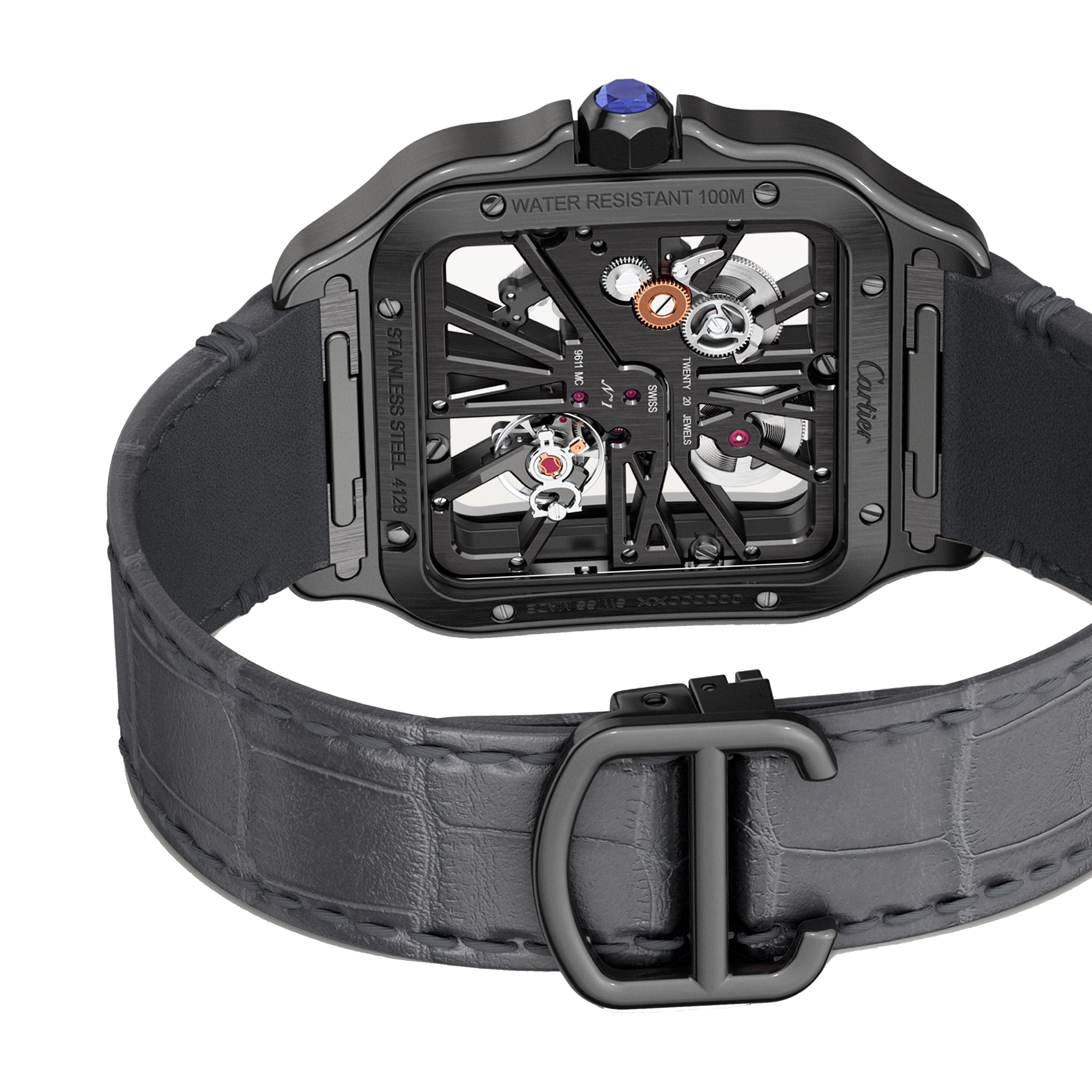 Back view of the Cartier Santos de Cartier Skeleton watch, featuring exposed gears, a Manufacture mechanical movement, water resistance labeling, and a textured black leather strap with a C buckle.