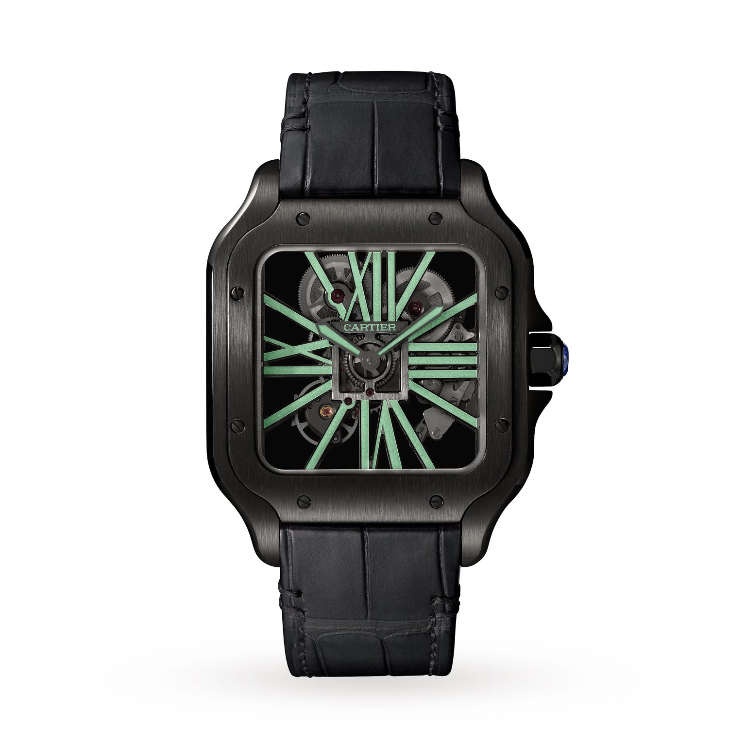 The Cartier Santos de Cartier Skeleton is a square-faced black watch with a skeleton dial, green luminous Roman numerals, black leather strap, and is powered by a manufacture mechanical movement.