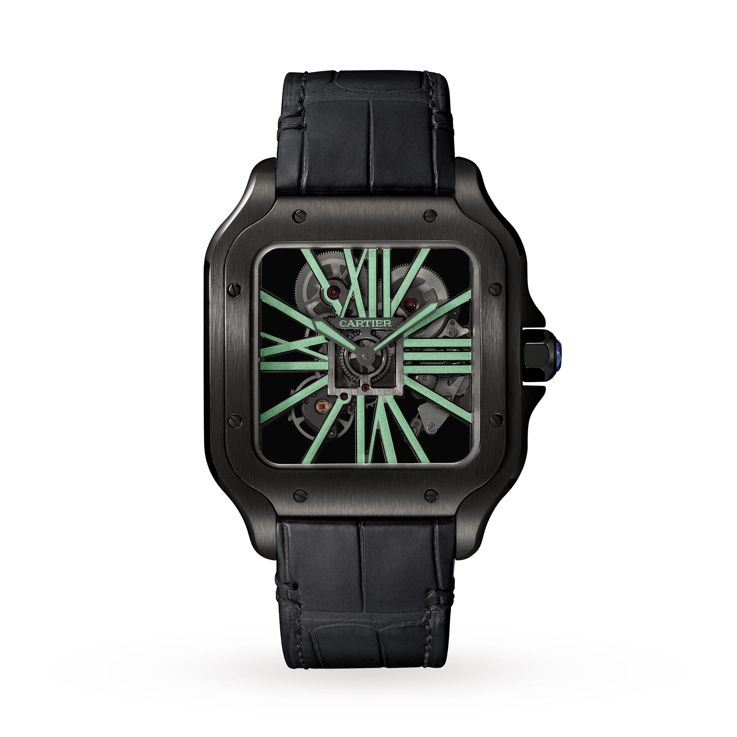 The Cartier Santos de Cartier Skeleton is a square-faced black watch with a skeleton dial, green luminous Roman numerals, black leather strap, and is powered by a manufacture mechanical movement.