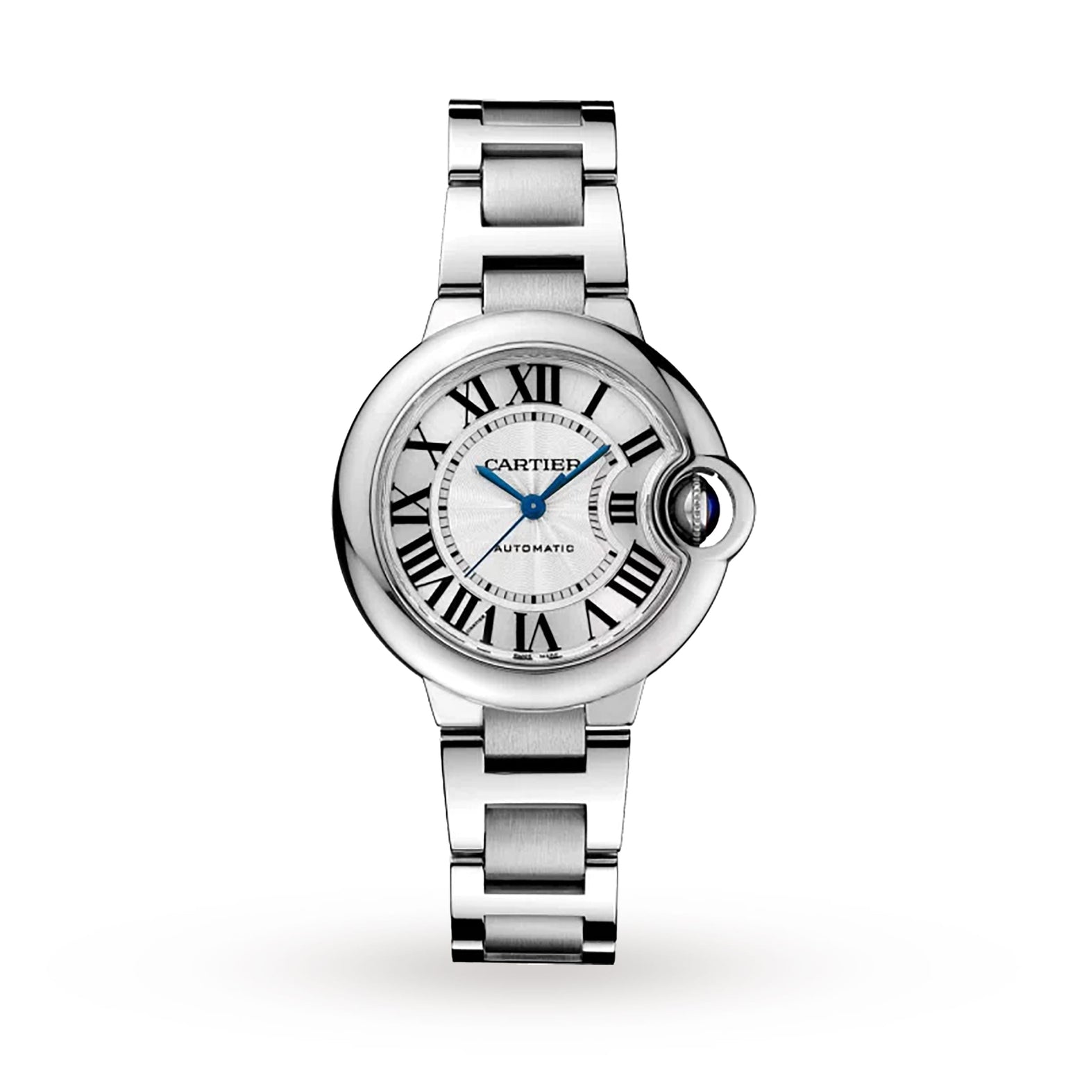 The Ballon Bleu de Cartier watch by Cartier features a silver guilloché dial with Roman numerals, blue hands, and a round face, plus a metal bracelet and a crown adorned with a blue gem.