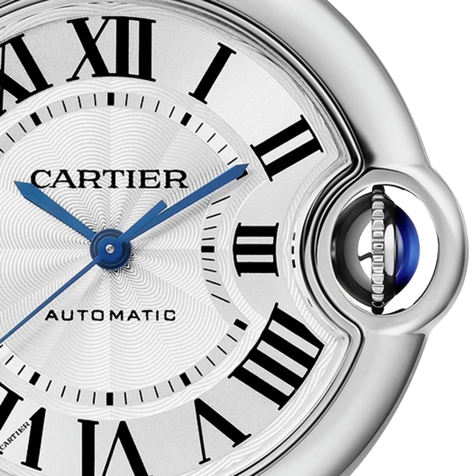 Close-up of the Ballon Bleu de Cartier watch face by Cartier, showcasing blue hands, Roman numerals, Automatic text, a silver guilloché dial, and the signature crown set with a blue cabochon.