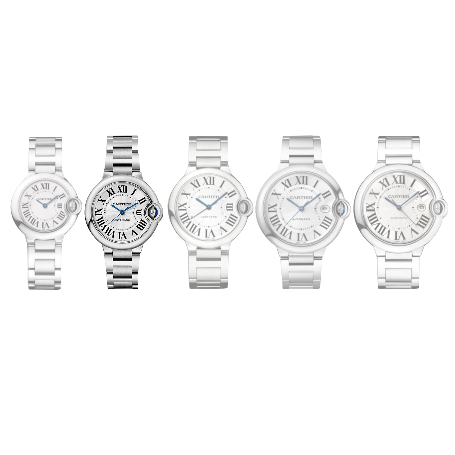 Five Cartier Ballon Bleu de Cartier silver wristwatches with silver guilloché dials and Roman numerals are displayed in a row against a white background, each showing the time as 10:10.
