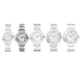 Five Cartier Ballon Bleu de Cartier silver wristwatches with silver guilloché dials and Roman numerals are displayed in a row against a white background, each showing the time as 10:10.