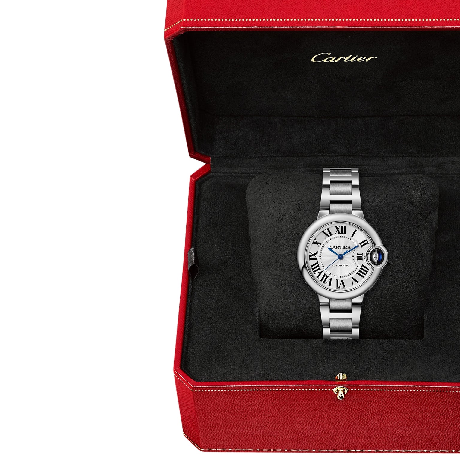 A Ballon Bleu de Cartier watch by Cartier, featuring a silver guilloché dial with Roman numerals and a round face, is displayed in an open red Cartier box with a black interior.