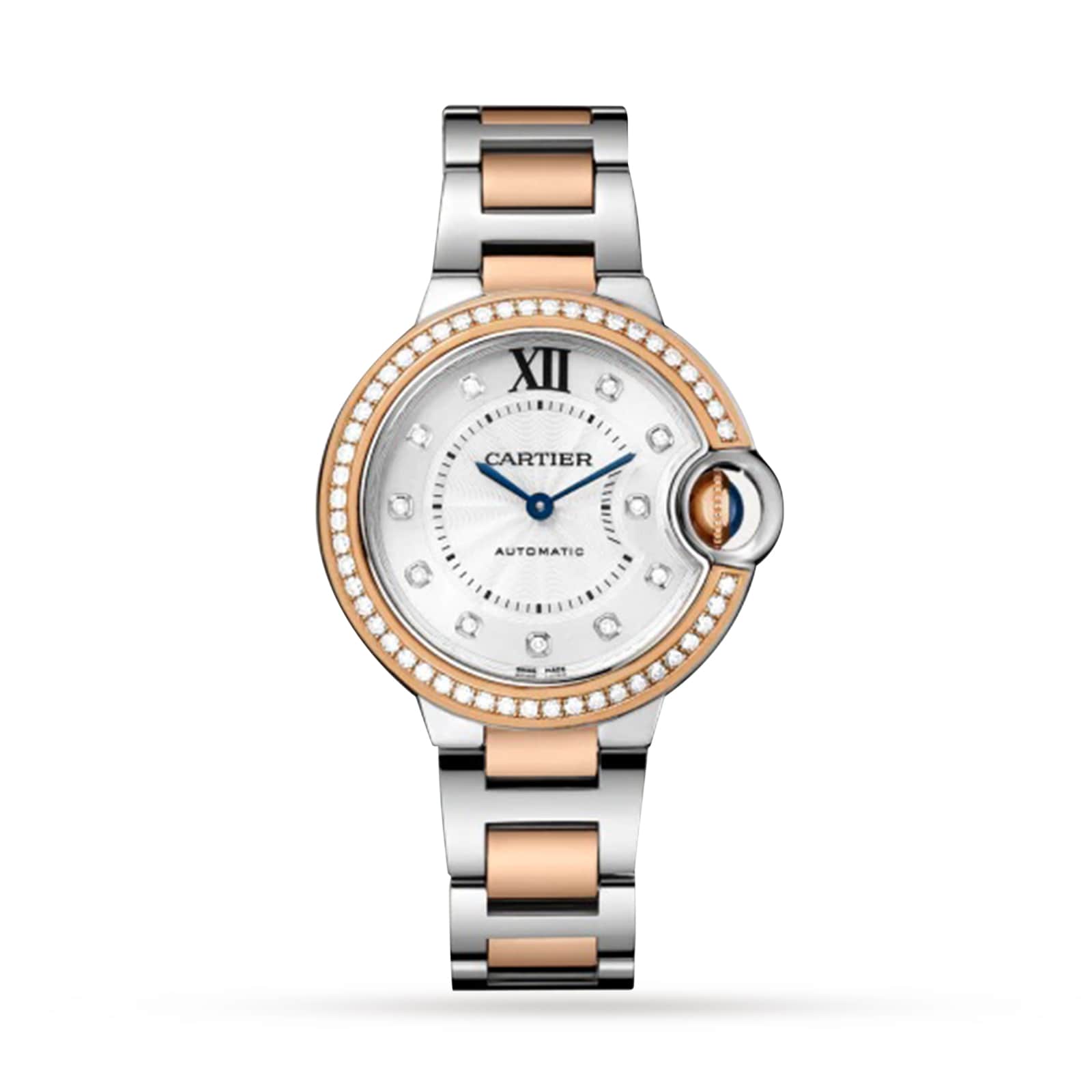The Ballon Bleu de Cartier watch features a round face, sparkling diamond hour markers, and a two-tone silver and rose gold metal band.