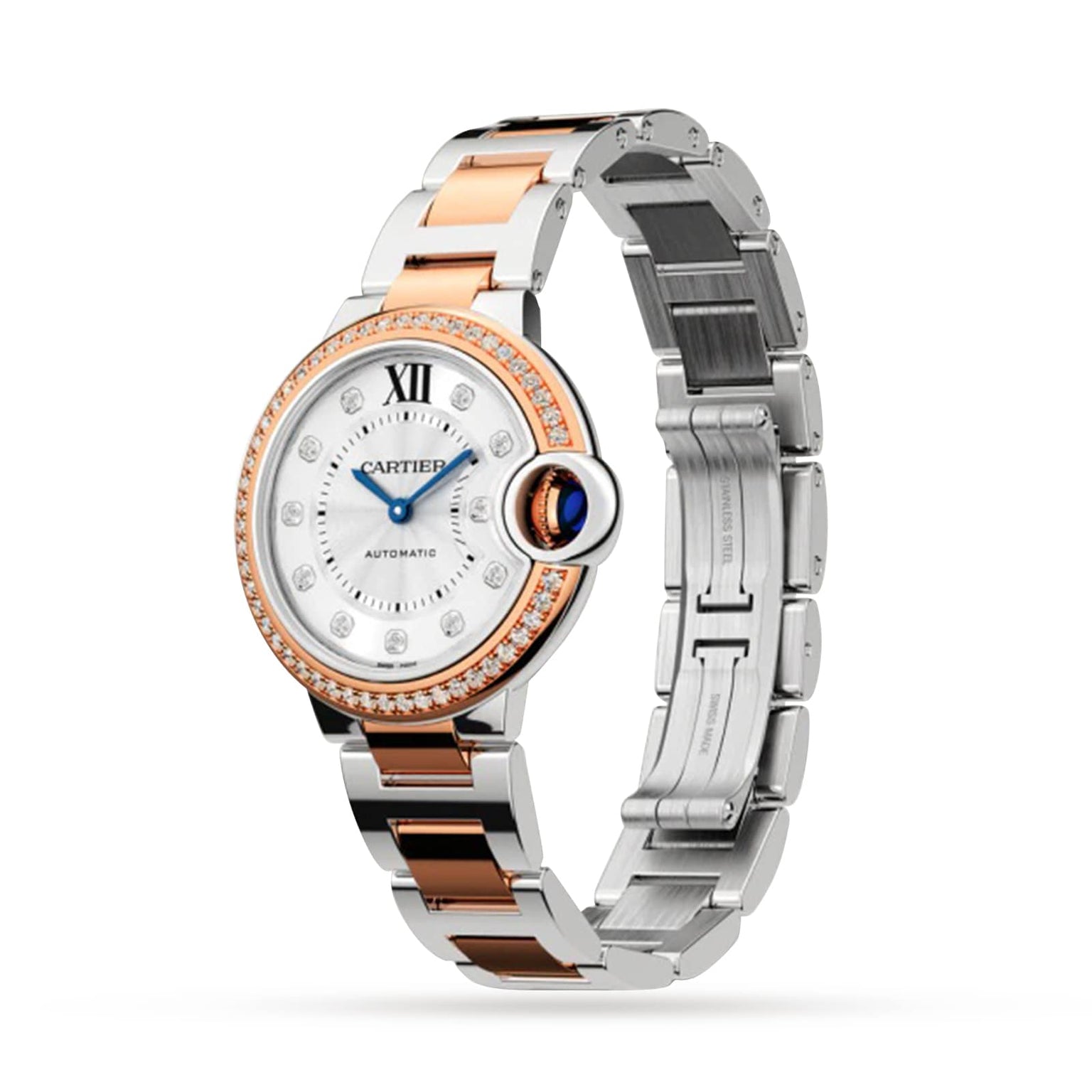 The Ballon Bleu de Cartier watch features a round face, diamond-set bezel, rose gold and silver metal bracelet, and a dial with the prominent Roman numeral XII at the top.