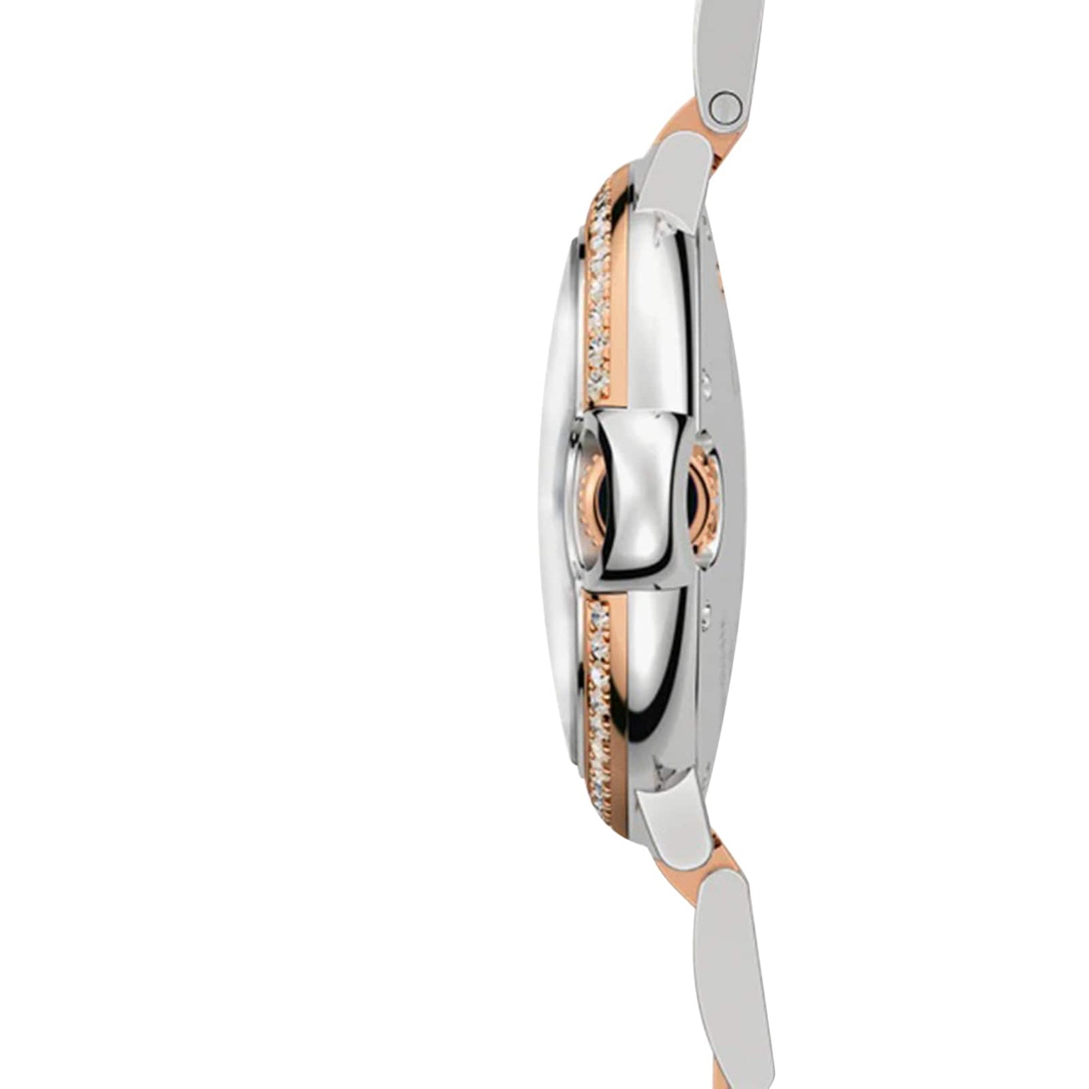 Side view of the Ballon Bleu de Cartier watch by Cartier, showcasing a silver and rose gold band and a bezel adorned with a row of small diamonds.