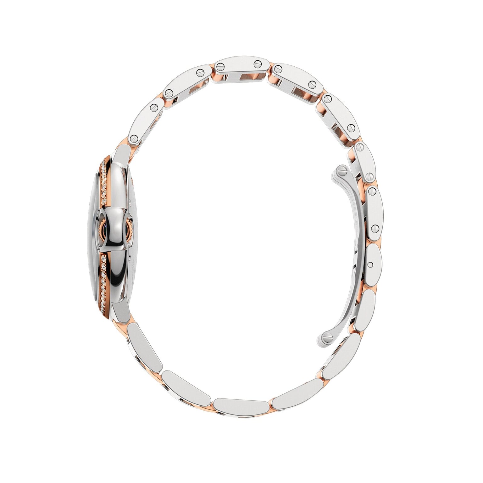 Side view of the Ballon Bleu de Cartier watch by Cartier, showcasing a two-tone silver and rose gold linked bracelet with a closed clasp.