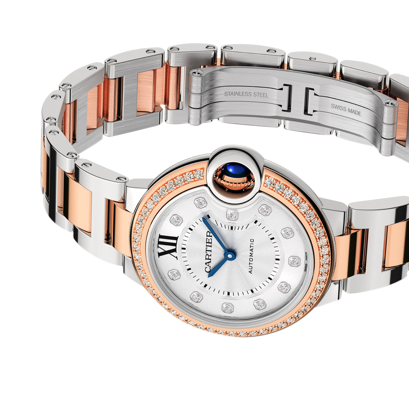The Ballon Bleu de Cartier watch by Cartier features a two-tone stainless steel and rose gold bracelet, diamond bezel, and signature blue cabochon crown, beautifully displayed against a crisp white background.