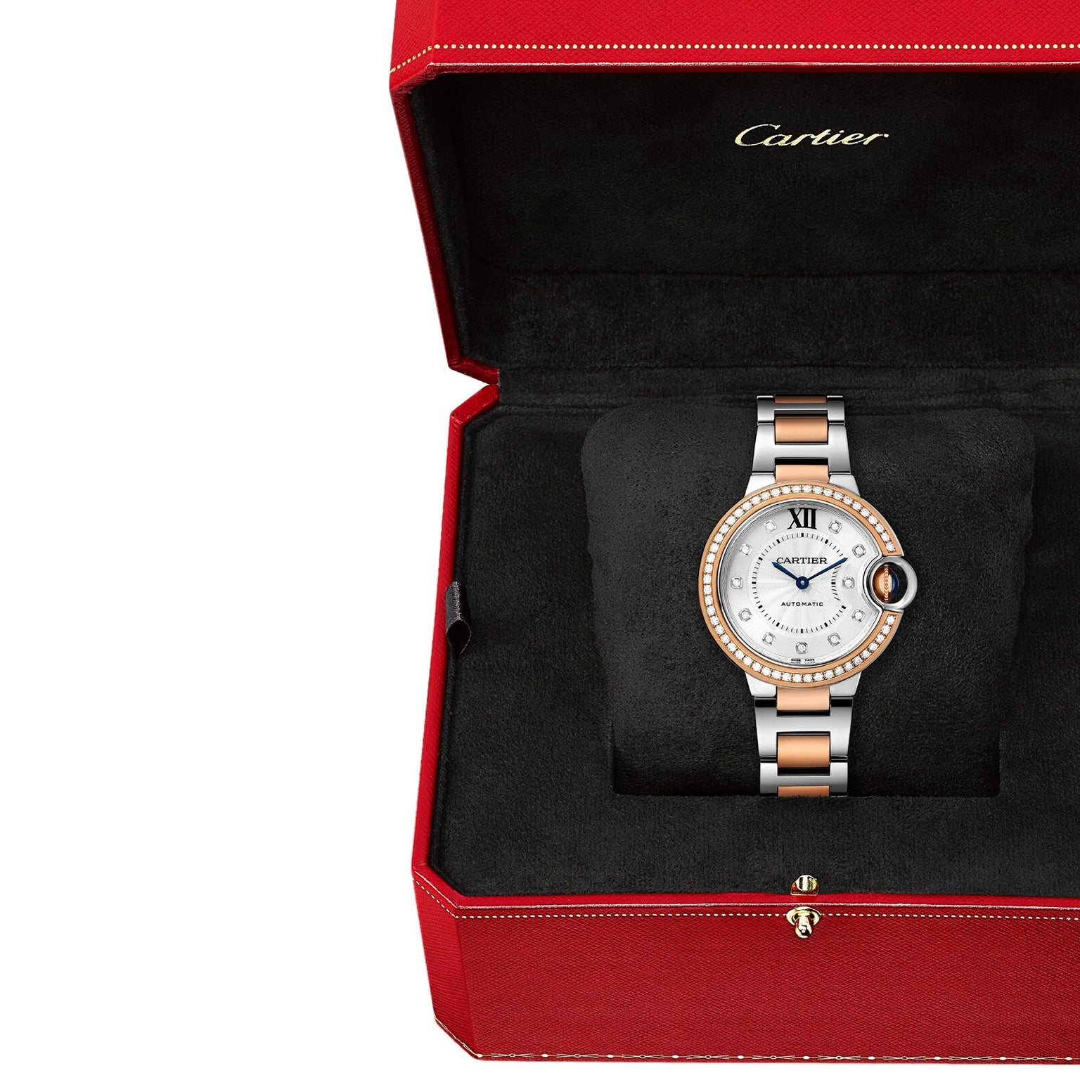 The Ballon Bleu de Cartier watch, featuring a two-tone metal and rose gold band with a diamond bezel, is displayed in an open red Cartier box with a black interior.