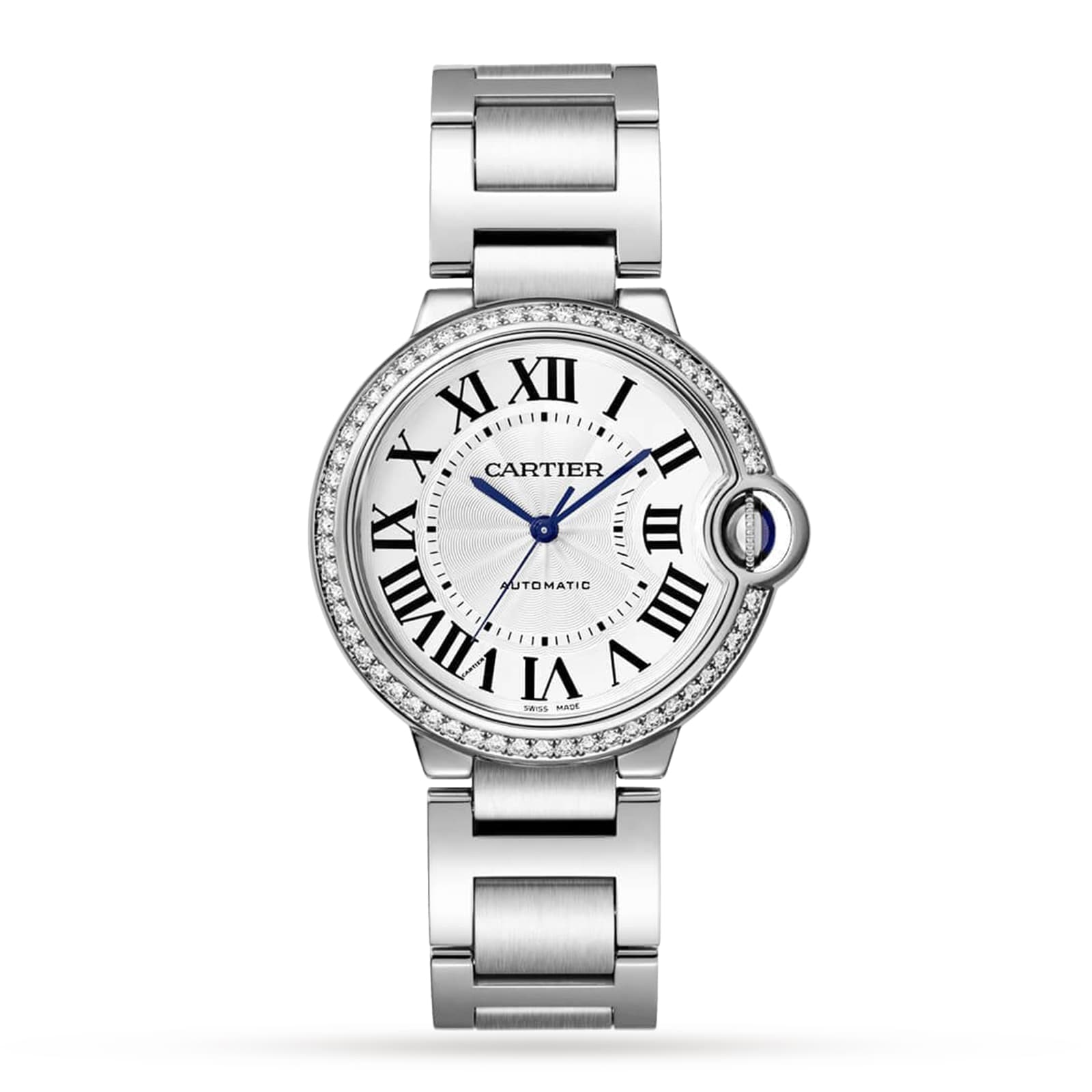 The Ballon Bleu de Cartier by Cartier features a silver round face, Roman numerals, blue hands, a brilliant-cut diamond bezel, and a metal link bracelet.