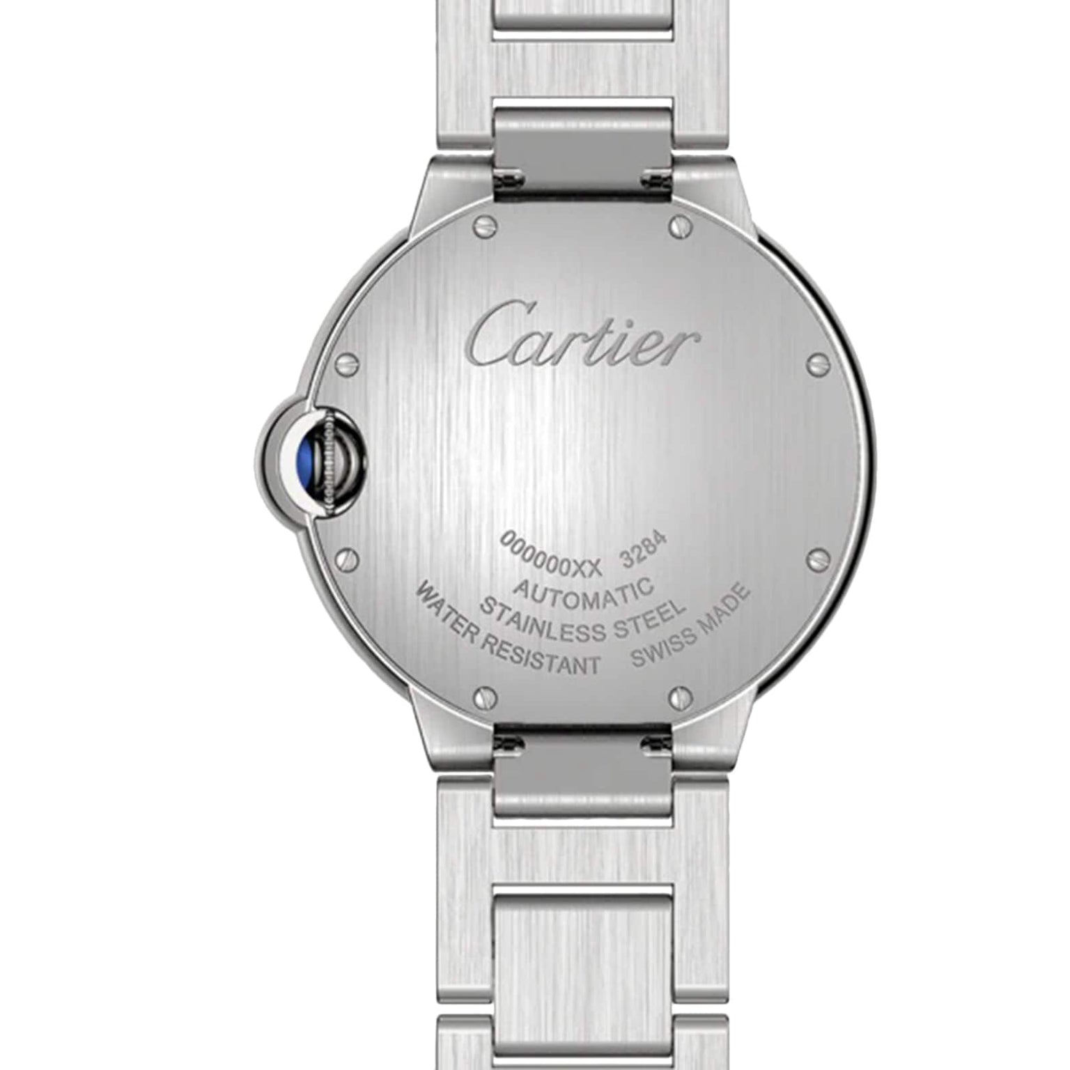 Back view of the Ballon Bleu de Cartier watch by Cartier, featuring engraved logo, serial number, and details like automatic movement, water resistance, and Swiss made insignia on its stainless steel case.