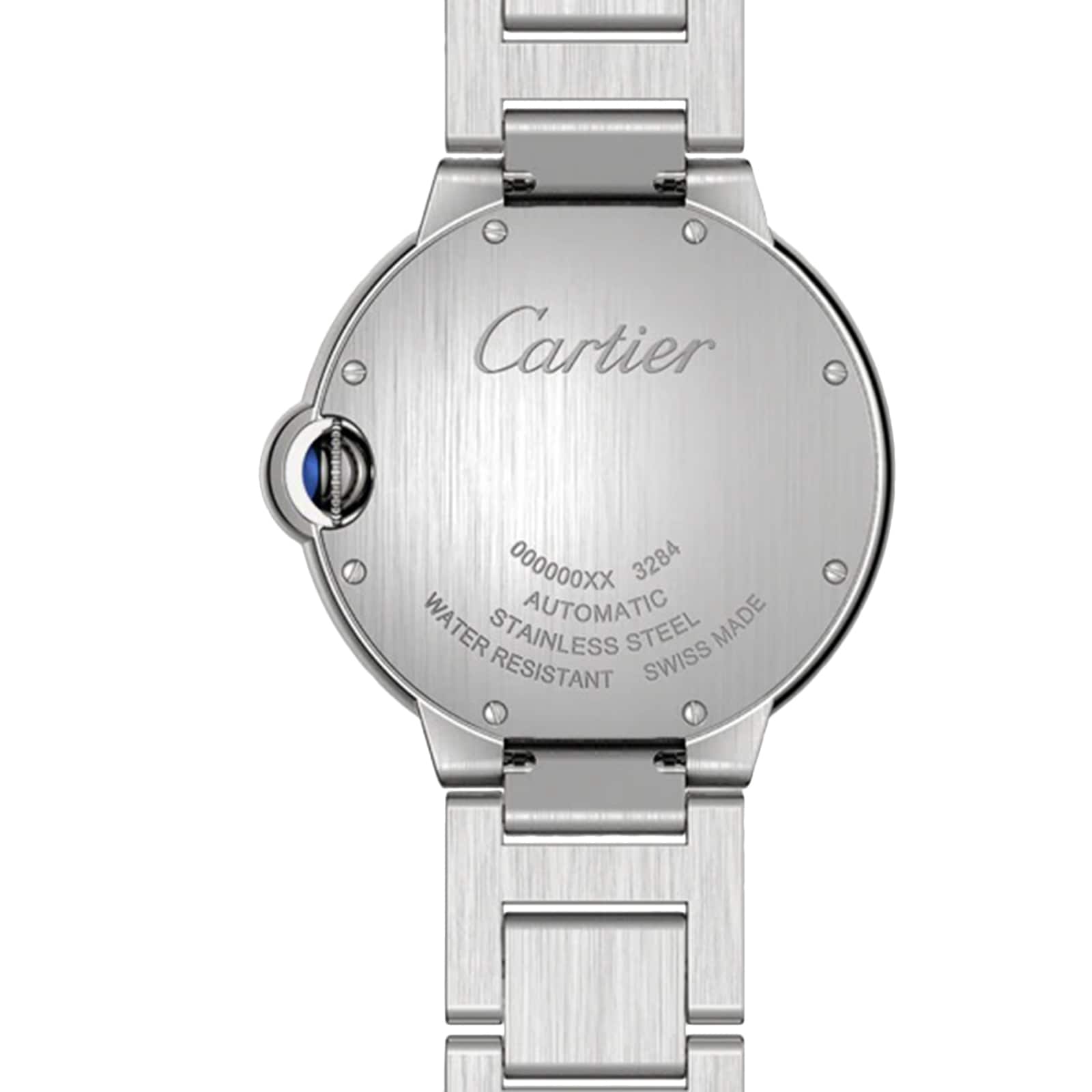 Back view of the Ballon Bleu de Cartier watch by Cartier, featuring engraved logo, serial number, and details like automatic movement, water resistance, and Swiss made insignia on its stainless steel case.
