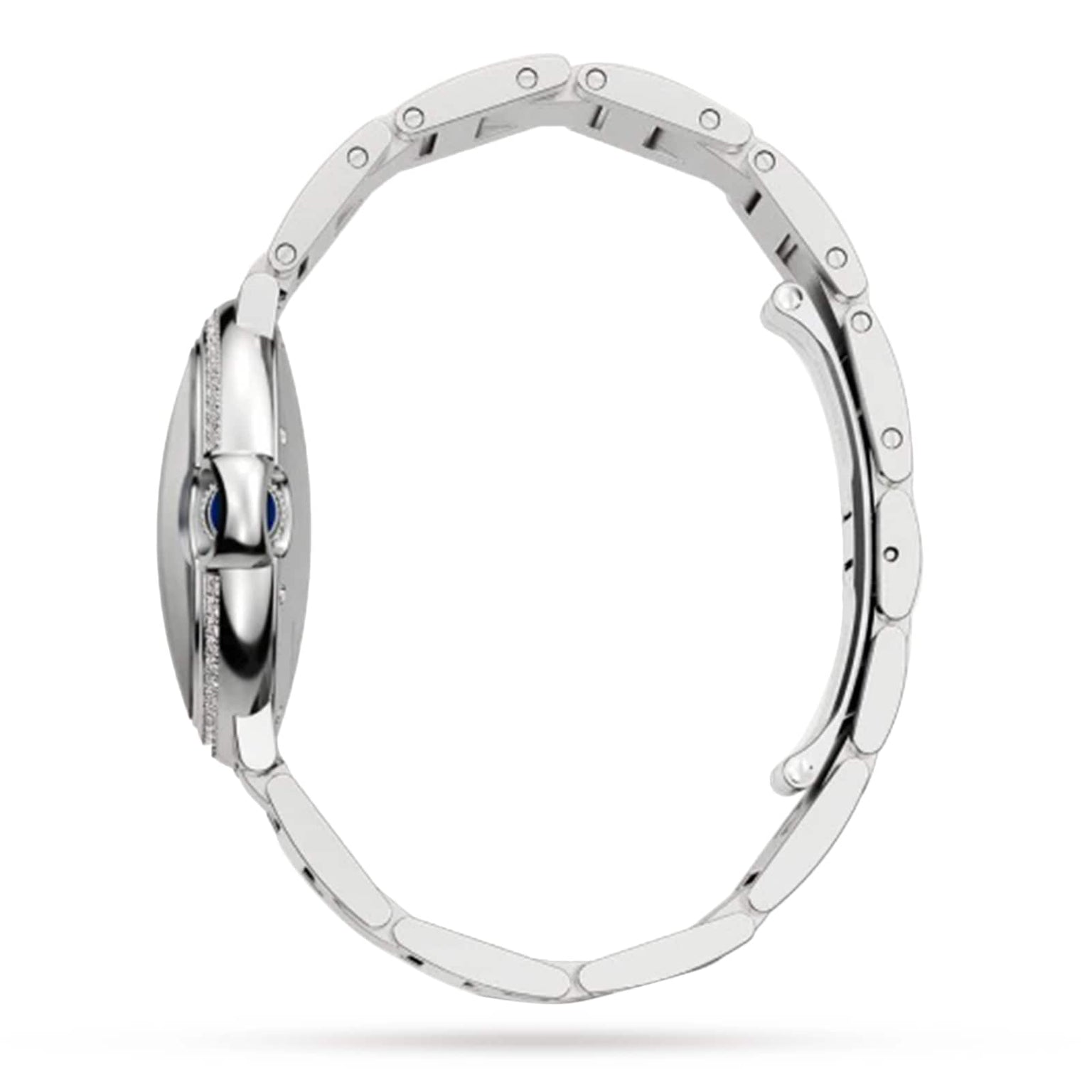 Side view of the Cartier Ballon Bleu de Cartier silver wristwatch with a metal link band, highlighting its elegant watch case, crown, and closed clasp against a white backdrop. Exhibits refined luxury and mechanical movement.