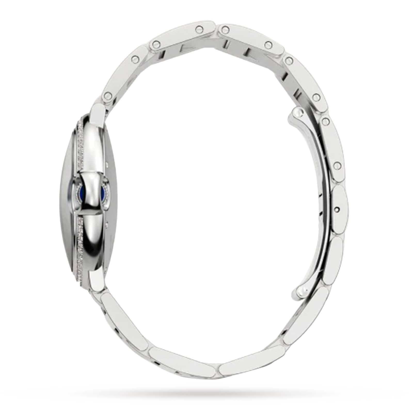 Side view of the Cartier Ballon Bleu de Cartier silver wristwatch with a metal link band, highlighting its elegant watch case, crown, and closed clasp against a white backdrop. Exhibits refined luxury and mechanical movement.