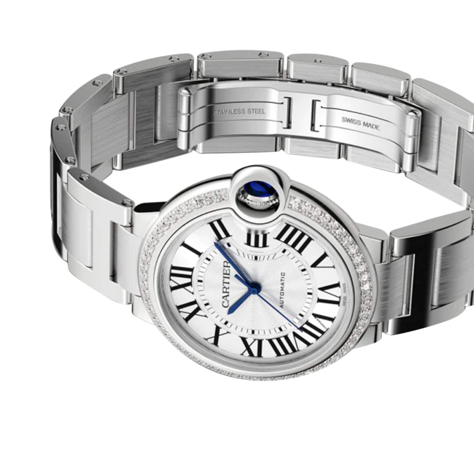 The Ballon Bleu de Cartier by Cartier features a silver dial with Roman numerals, blue crown, brilliant-cut diamonds on the bezel, and a stainless steel bracelet. Swiss Made and Stainless Steel are engraved inside the clasp.