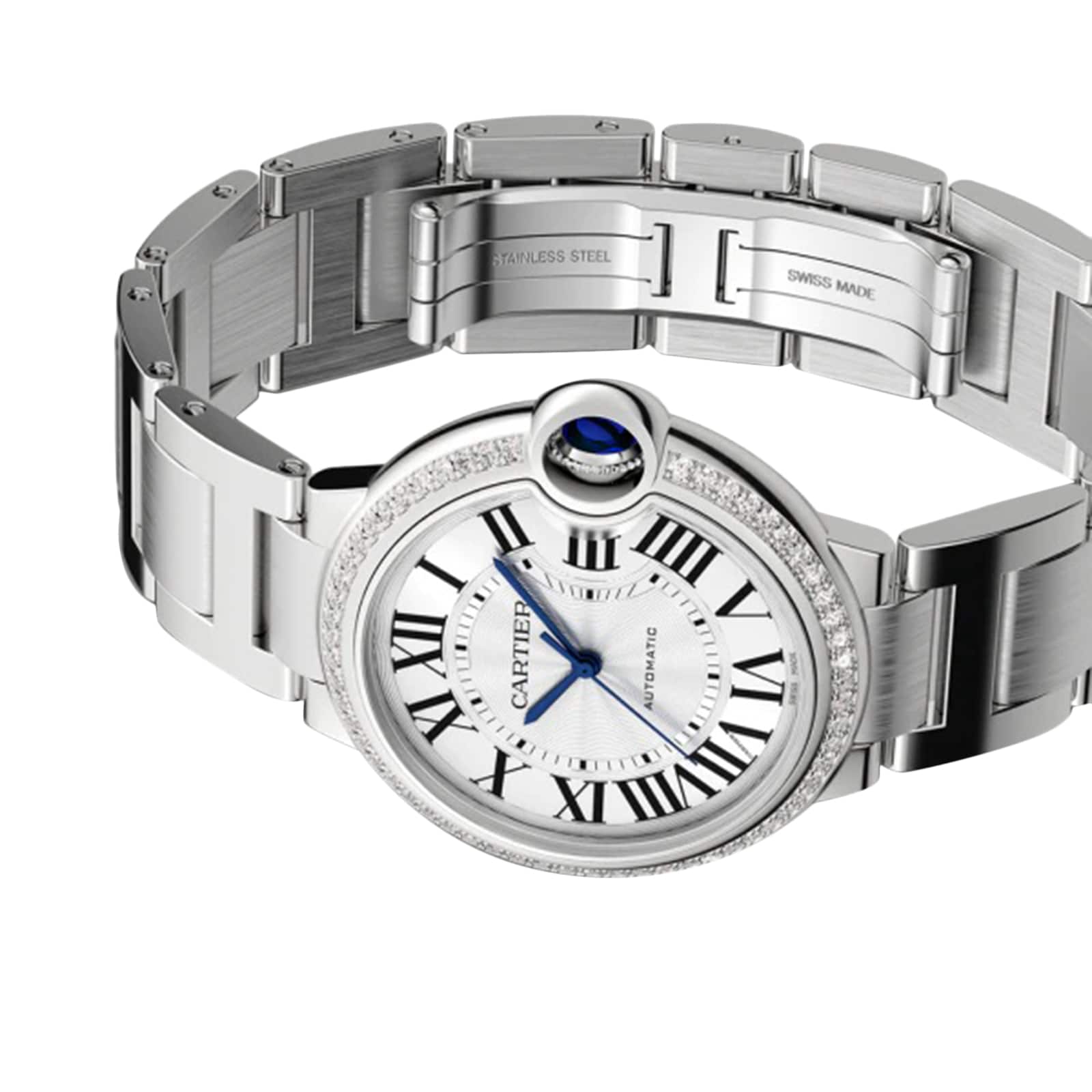 The Ballon Bleu de Cartier by Cartier features a silver dial with Roman numerals, blue crown, brilliant-cut diamonds on the bezel, and a stainless steel bracelet. Swiss Made and Stainless Steel are engraved inside the clasp.
