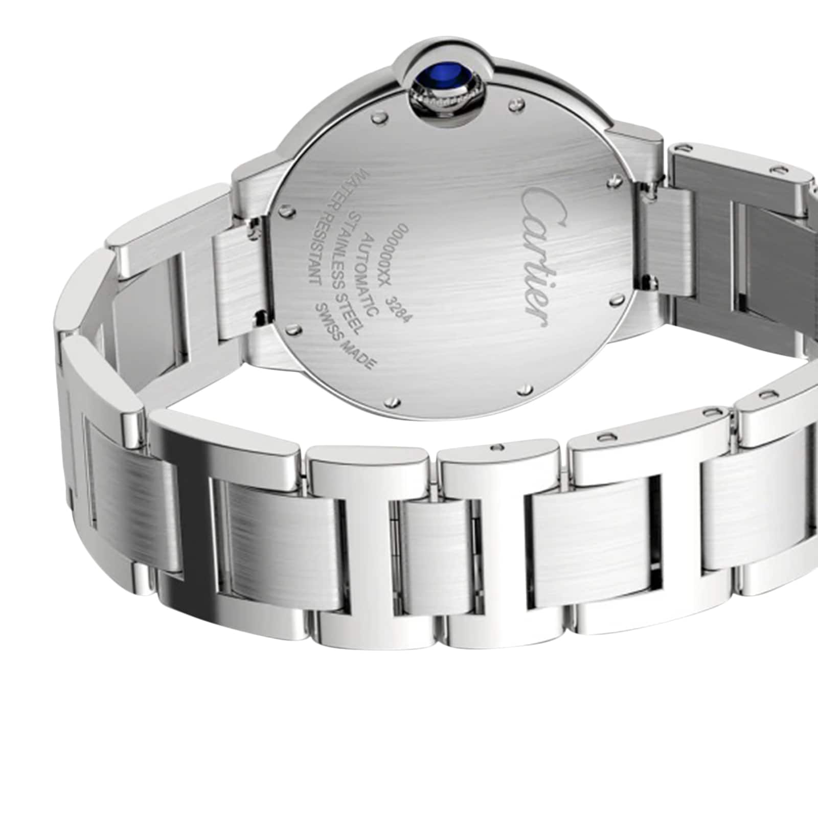 The Cartier Ballon Bleu de Cartier wristwatch features an engraved back case, blue gemstone crown, and metal link bracelet. Showcasing elegant design and renowned mechanical movement, this luxury timepiece reflects Cartier craftsmanship.