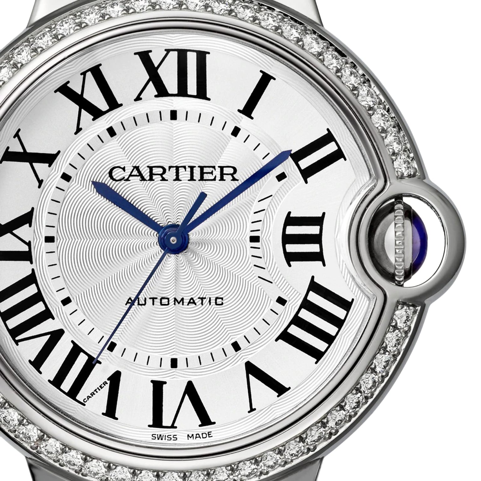 Close-up of the Ballon Bleu de Cartier by Cartier, featuring black Roman numerals, blue hands, a brilliant-cut diamond bezel, visible crown with blue cabochon, and an AUTOMATIC dial indicating mechanical movement.