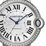 Close-up of the Ballon Bleu de Cartier by Cartier, featuring black Roman numerals, blue hands, a brilliant-cut diamond bezel, visible crown with blue cabochon, and an AUTOMATIC dial indicating mechanical movement.