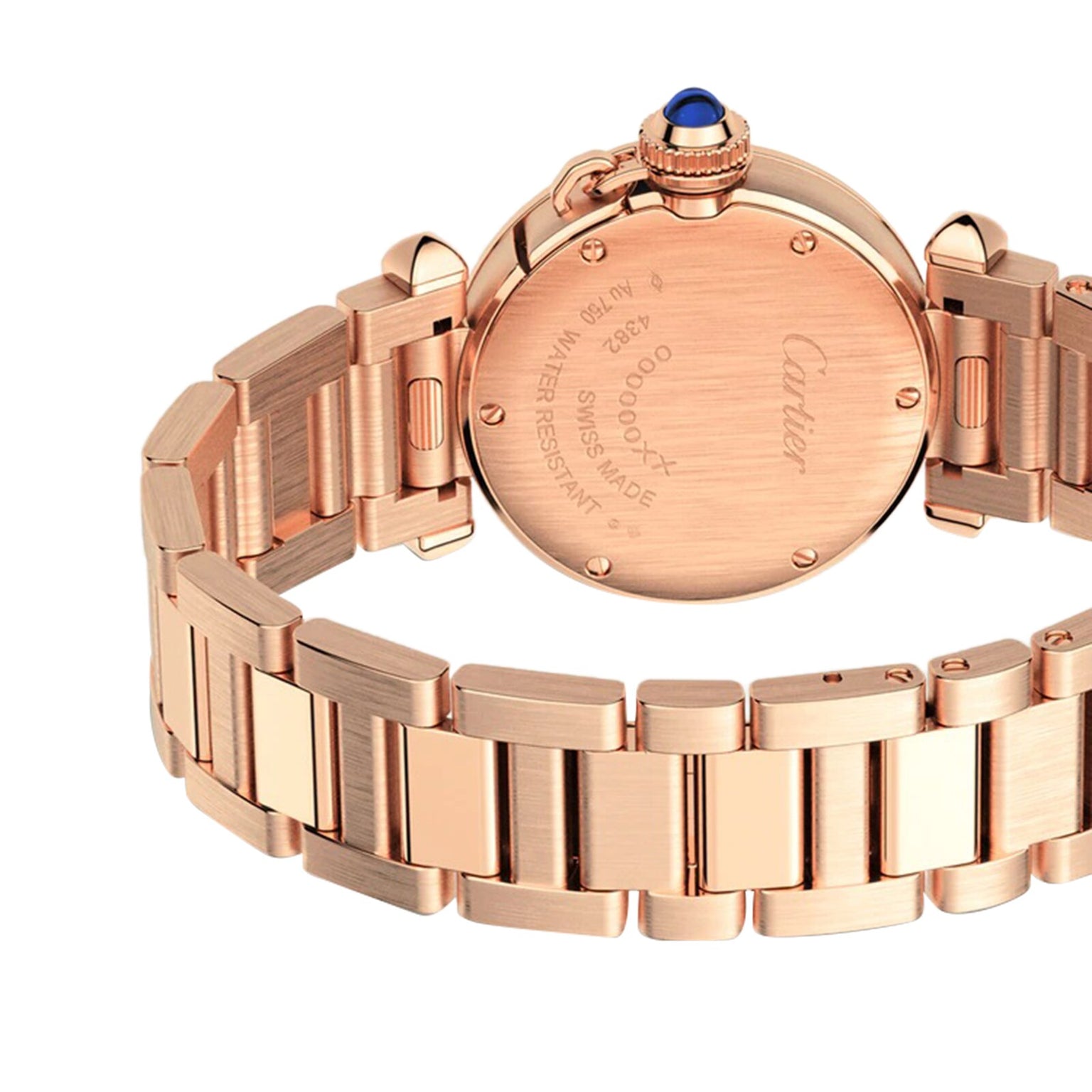 Rose gold Pasha de Cartier watch by Cartier pictured from the back, showcasing its engraved case, blue crown, and refined metal link bracelet.