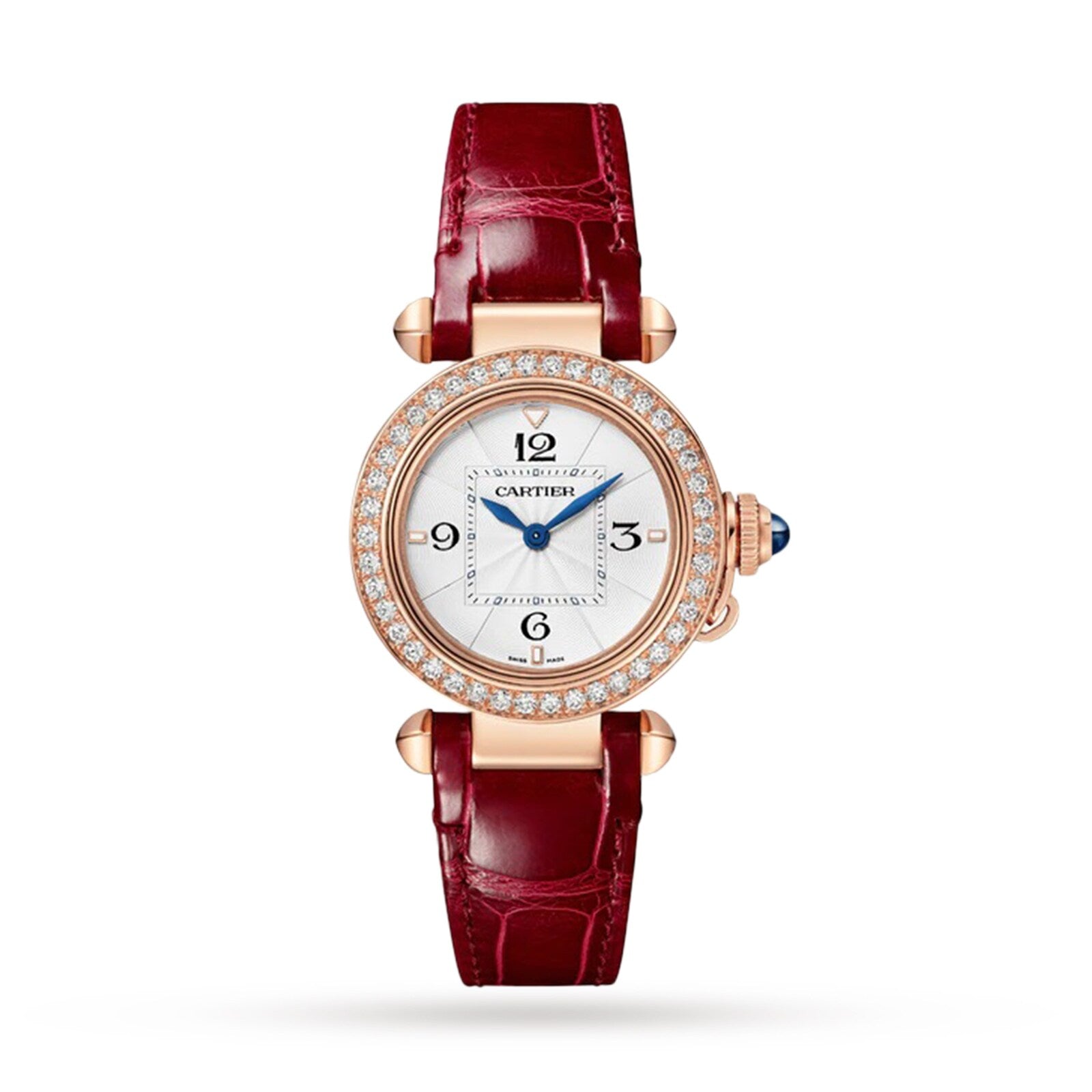 The Pasha de Cartier by Cartier is a womens watch with a round diamond bezel, white dial, blue hands, and a red leather strap in elegant rose gold.