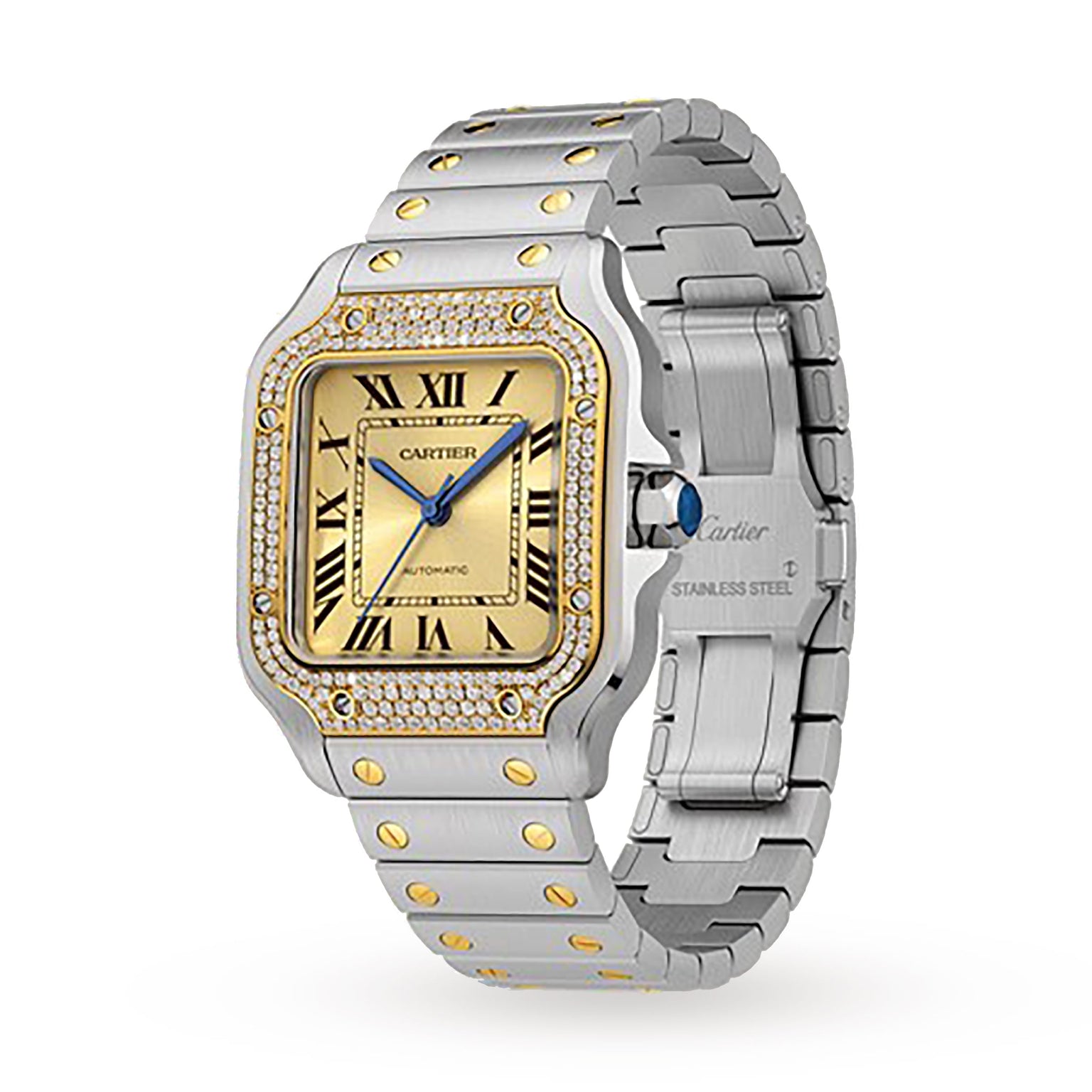 The Santos de Cartier Chronograph by Cartier features a square face, Roman numerals, mechanical movement, and a diamond-studded bezel in stainless steel and gold.