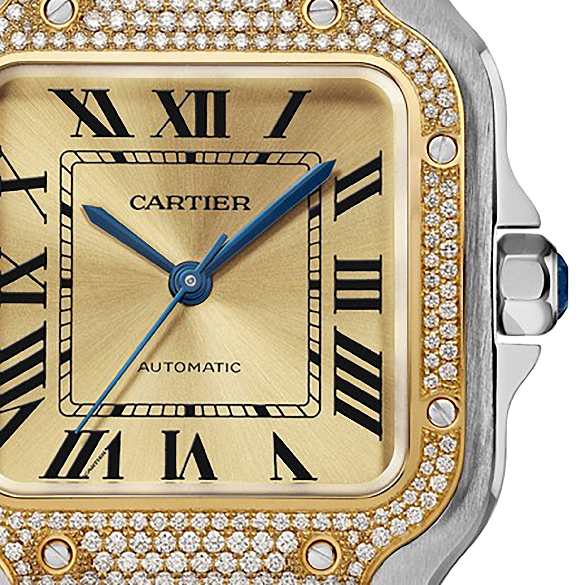 Close-up of a Santos de Cartier Chronograph watch face with Roman numerals, blue hands, a gold background, and a diamond bezel highlighting its elegant mechanical movement.