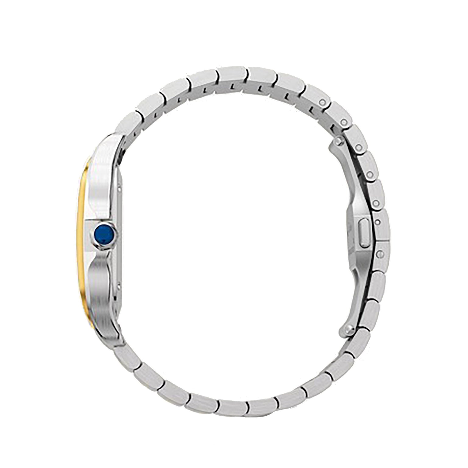 Side view of the Santos de Cartier Chronograph by Cartier with a silver two-tone metal case, round blue crown, mechanical movement, and visible bracelet with clasp set against a white background.