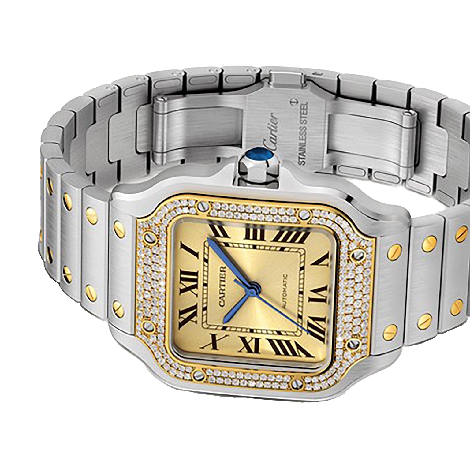 The Santos de Cartier Chronograph is a stainless steel watch with a gold square bezel, Roman numerals, diamond accents, and gold screws on the bracelet by Cartier.