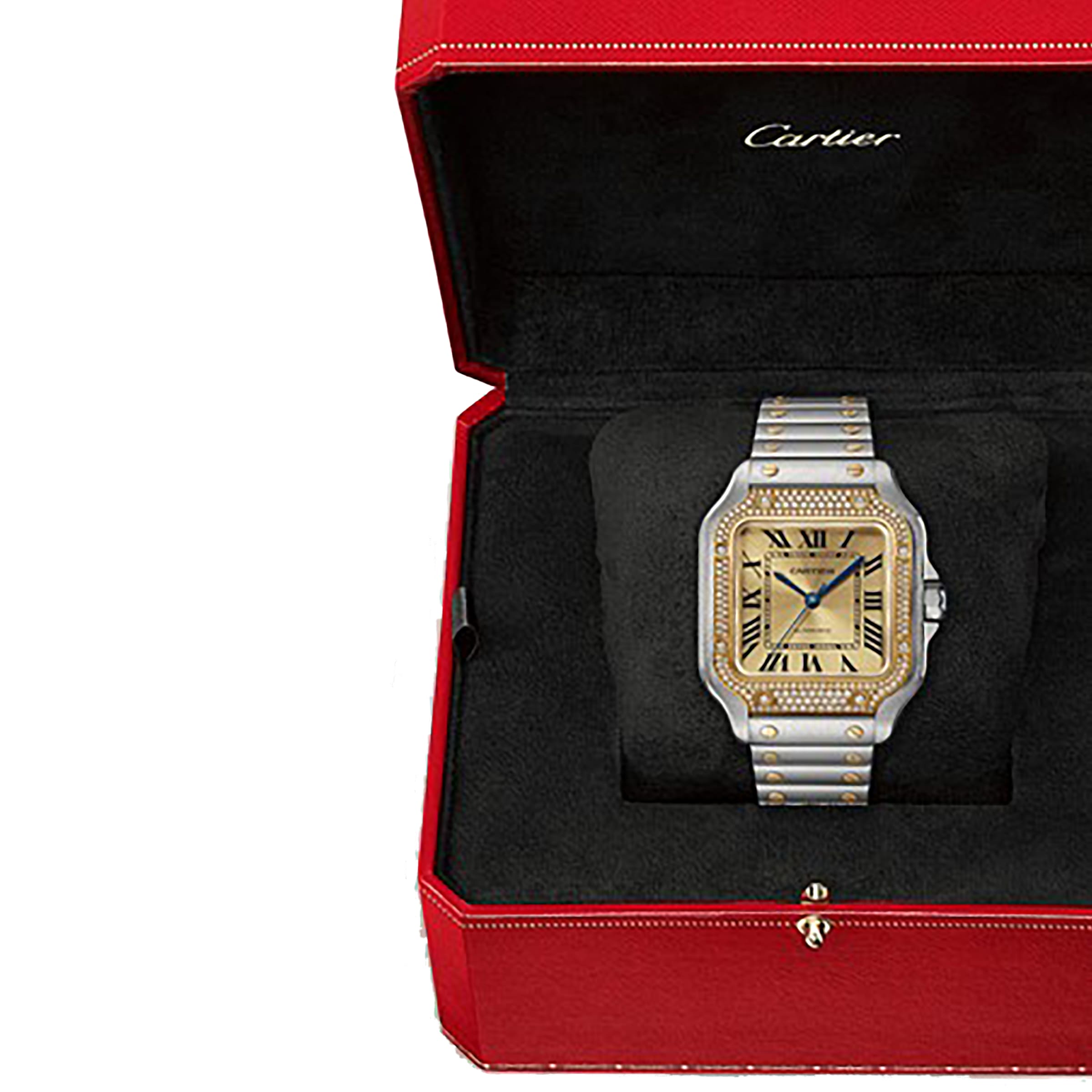 A Santos de Cartier Chronograph watch with a two-tone metal band and square face, featuring mechanical movement, displayed in a red Cartier box with black interior.