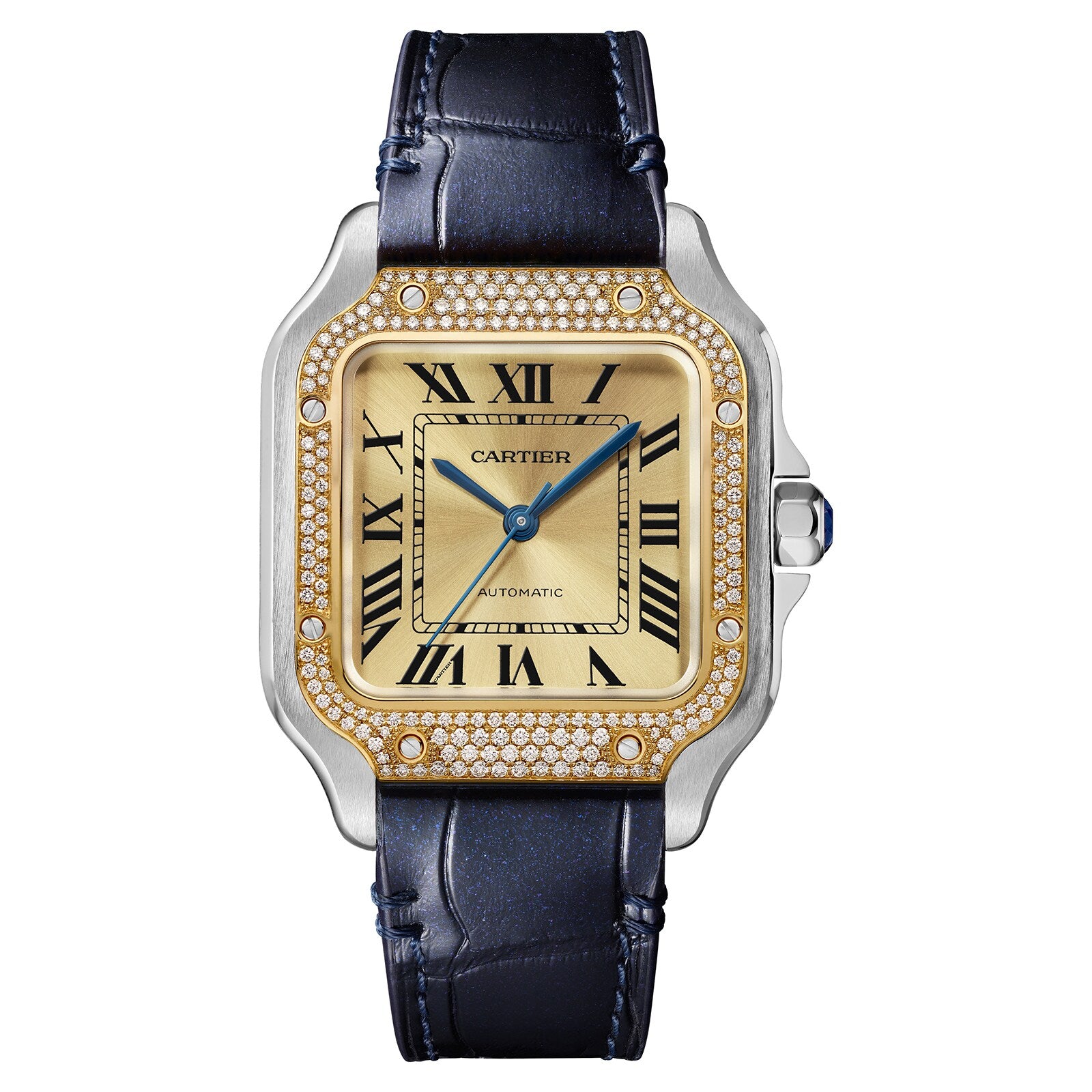 The Santos de Cartier Chronograph by Cartier features a square gold face, diamond bezel, Roman numeral markers, signature blue hands, and a black leather strap.