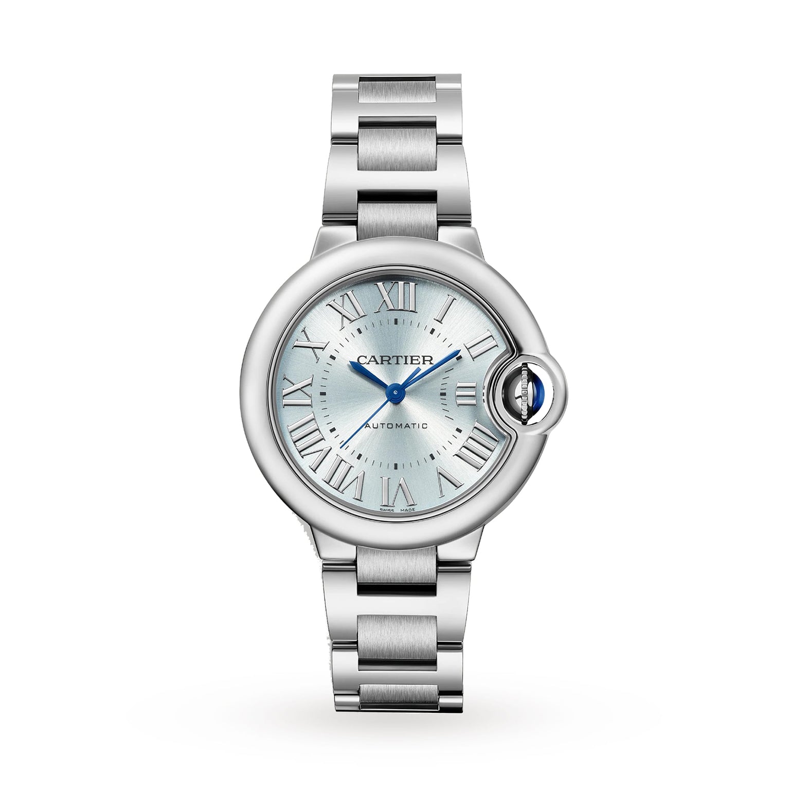 The Ballon Bleu de Cartier by Cartier features a silver round face, Roman numeral markers, blue hands, and an interchangeable steel bracelet, showcased on a white background.