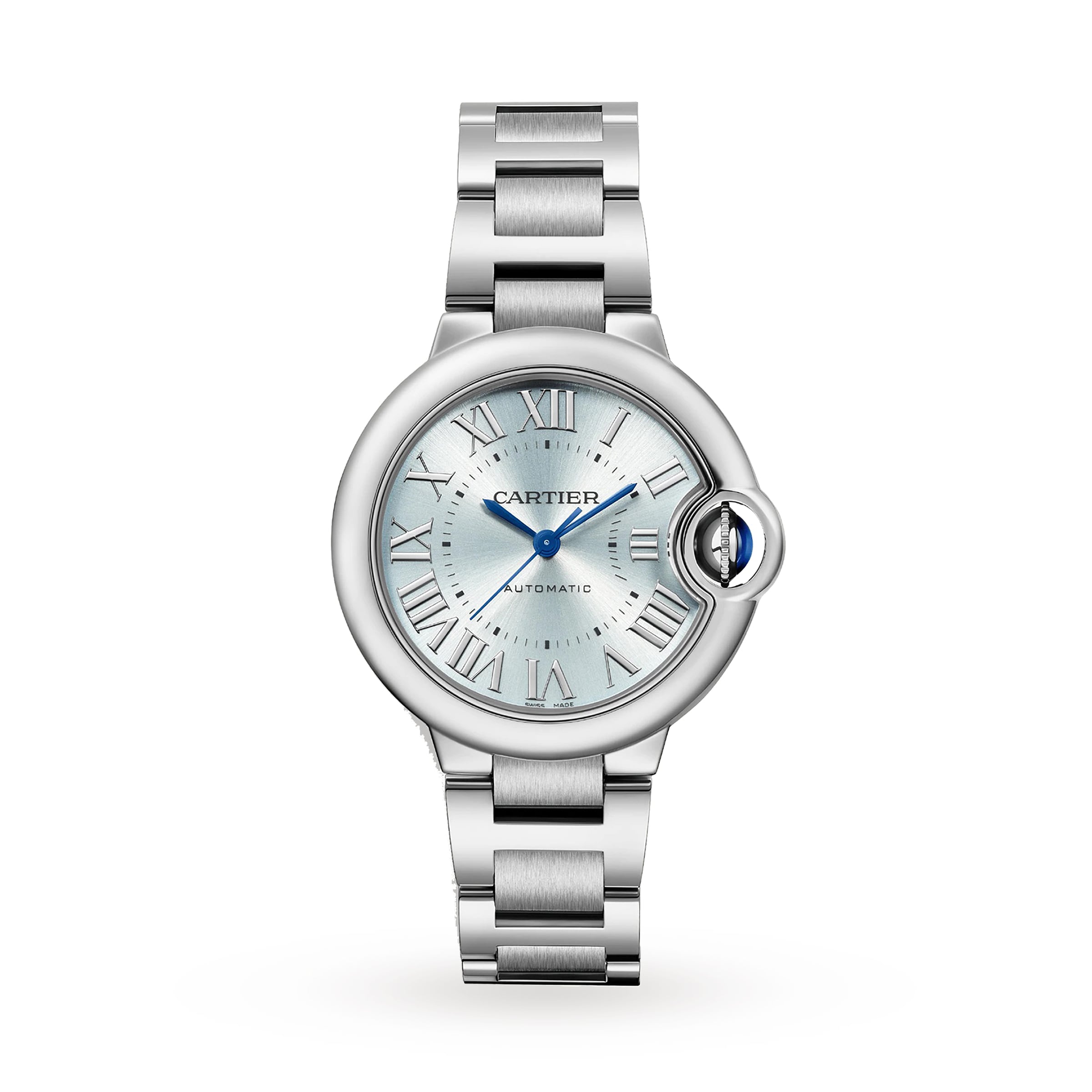 The Ballon Bleu de Cartier by Cartier features a silver round face, Roman numeral markers, blue hands, and an interchangeable steel bracelet, showcased on a white background.