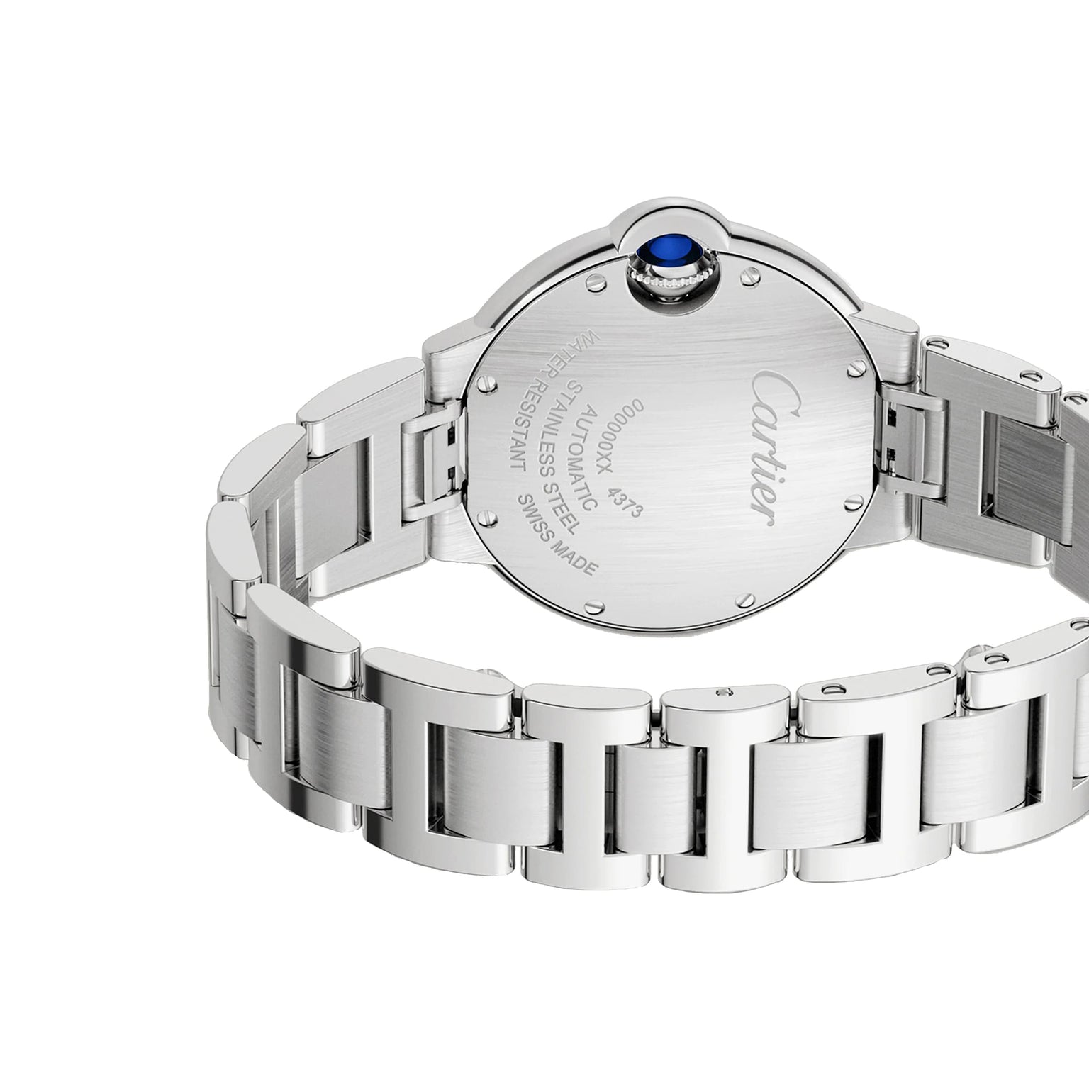 The Ballon Bleu de Cartier watch by Cartier features a round case, blue cabochon crown, engraved back, and an interchangeable steel bracelet with an elegant clasp—all displayed from the rear view.